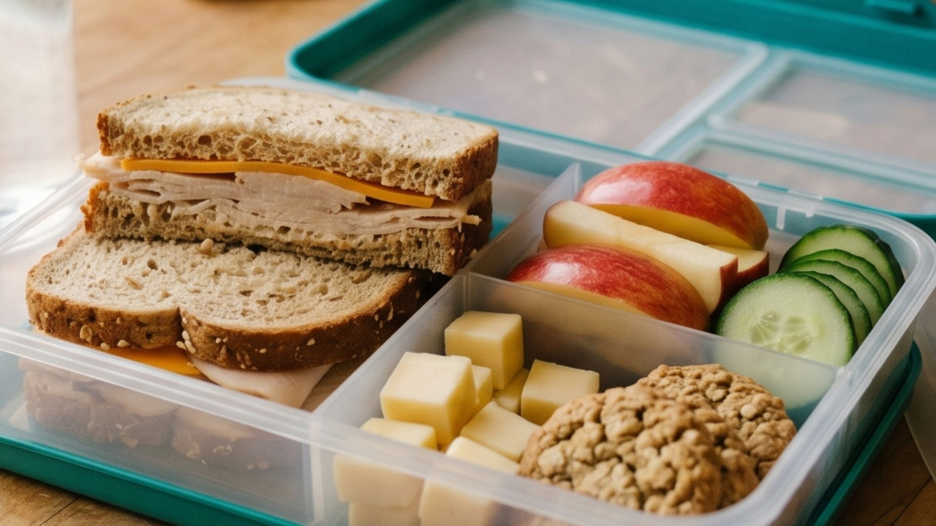 A bento-style lunchbox open on a kitchen counter with a turkey-and-cheese sandwich cut in half, sliced apple, cucumber rounds, cheese cubes, a few cookies, and a small water bottle beside the box.