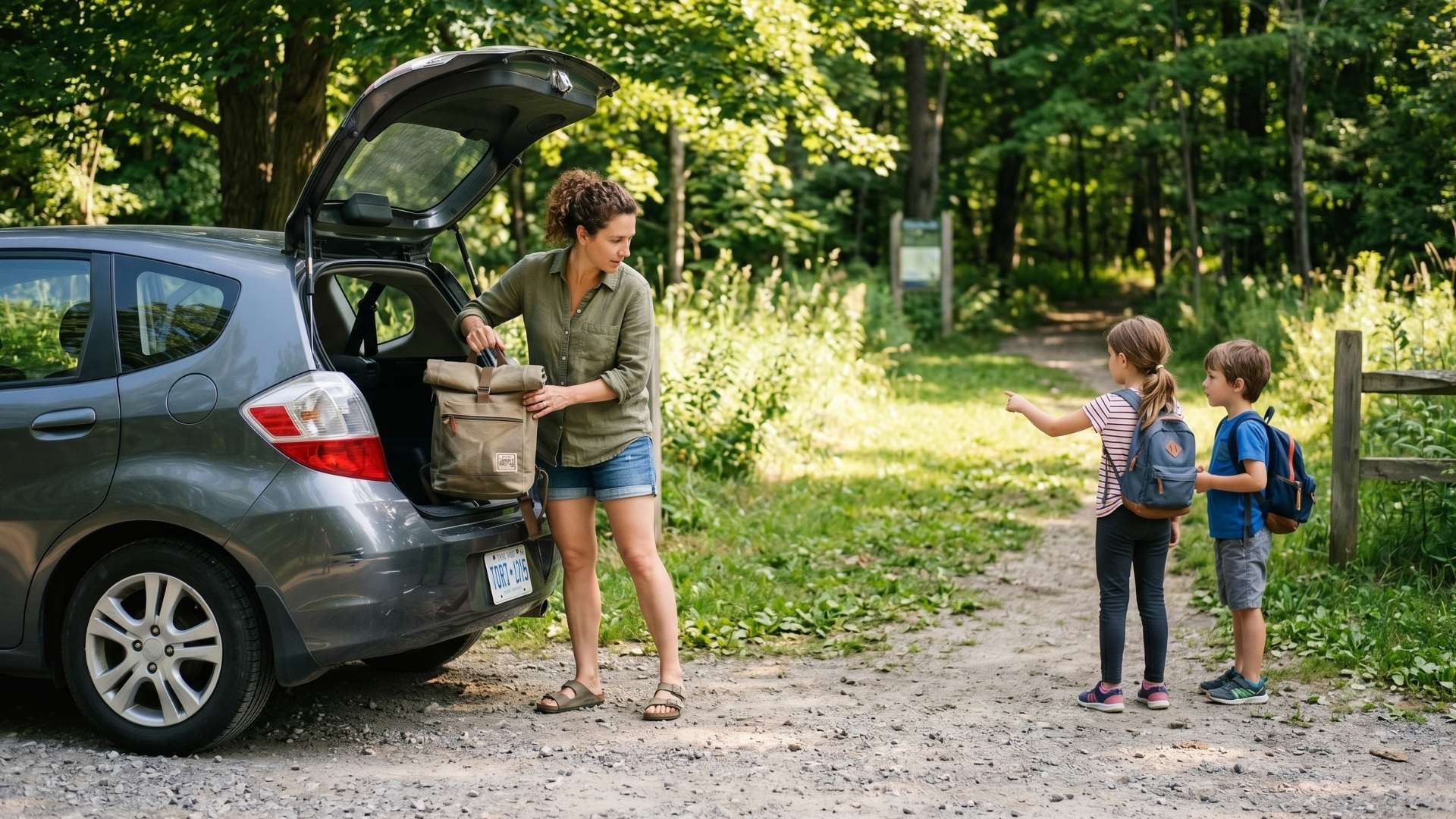 A family arriving at a day-trip destination, a parent lifting a day bag from a car boot while two children look toward a green space.