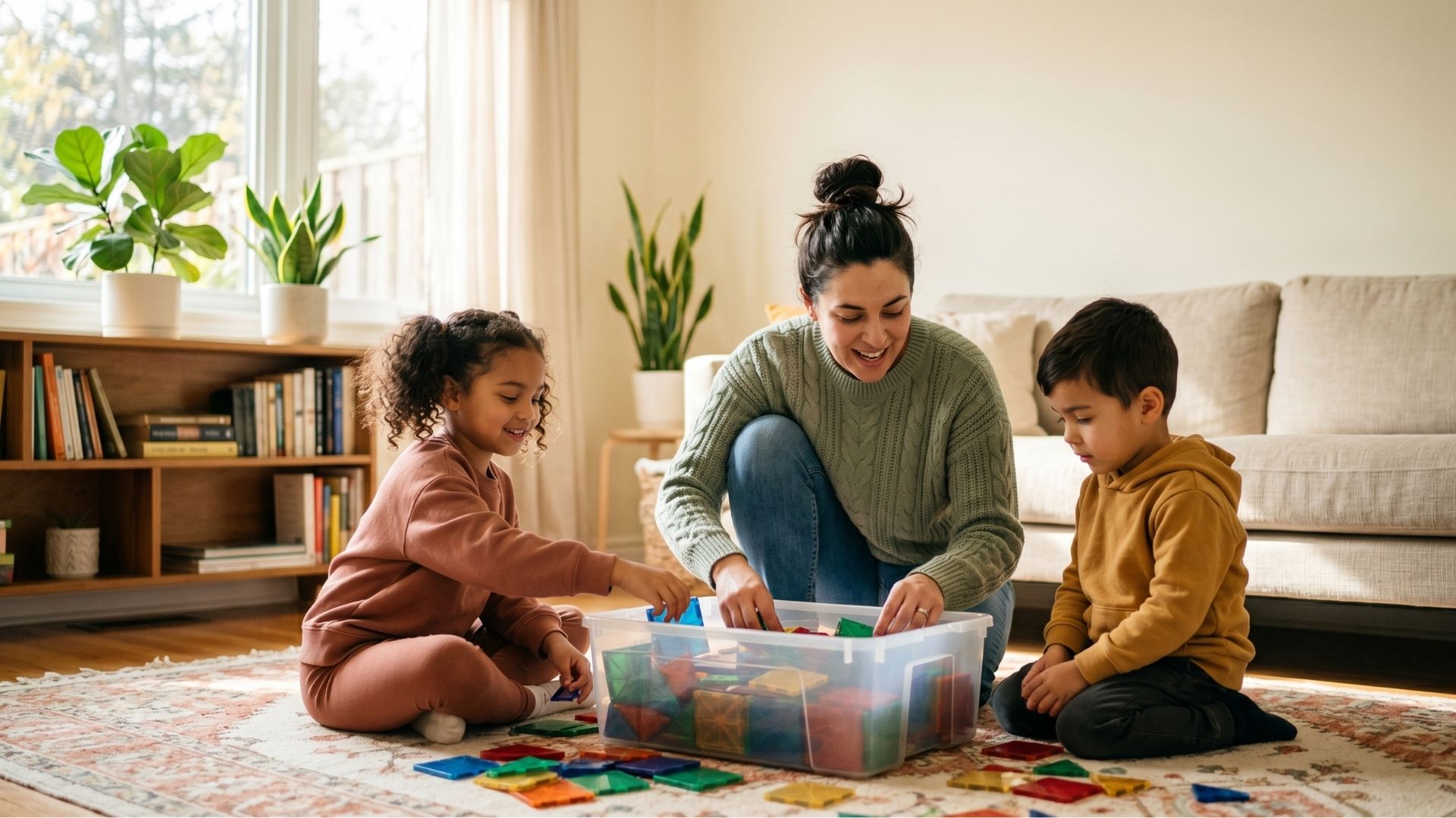 Playdate Etiquette for Hosts How to Be the Family Other Parents Trust A host parent kneeling on a living-room rug helping two children settle into a playdate with a bin of magnatiles.