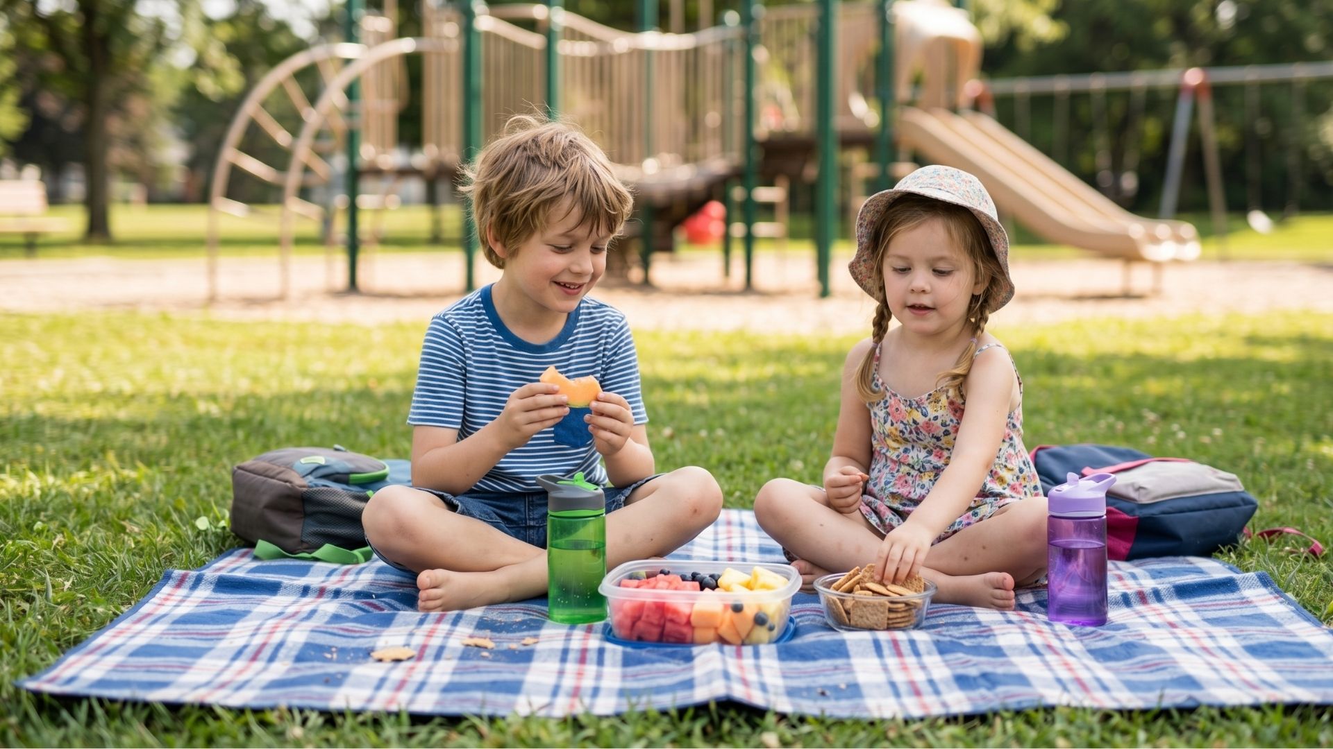 Two kids ages 5 and 7 sitting on a picnic blanket eating cut fruit and crackers, water bottles beside them, playground in soft focus behind.