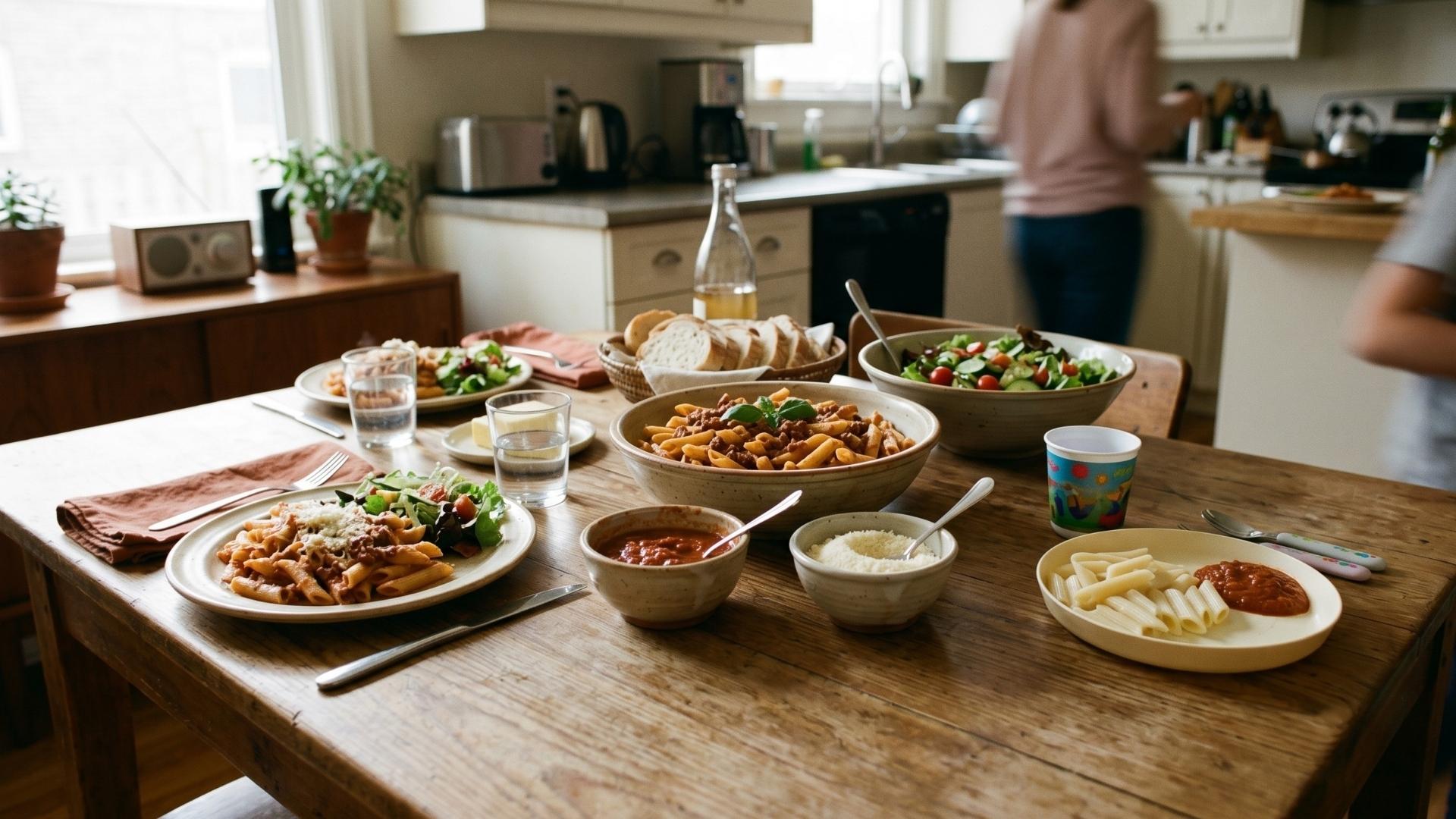 A family kitchen scene at dinner time with a pasta dinner, salad, sliced bread, and three plates showing the shared-meal principle: adult full versions and a kid plain version.