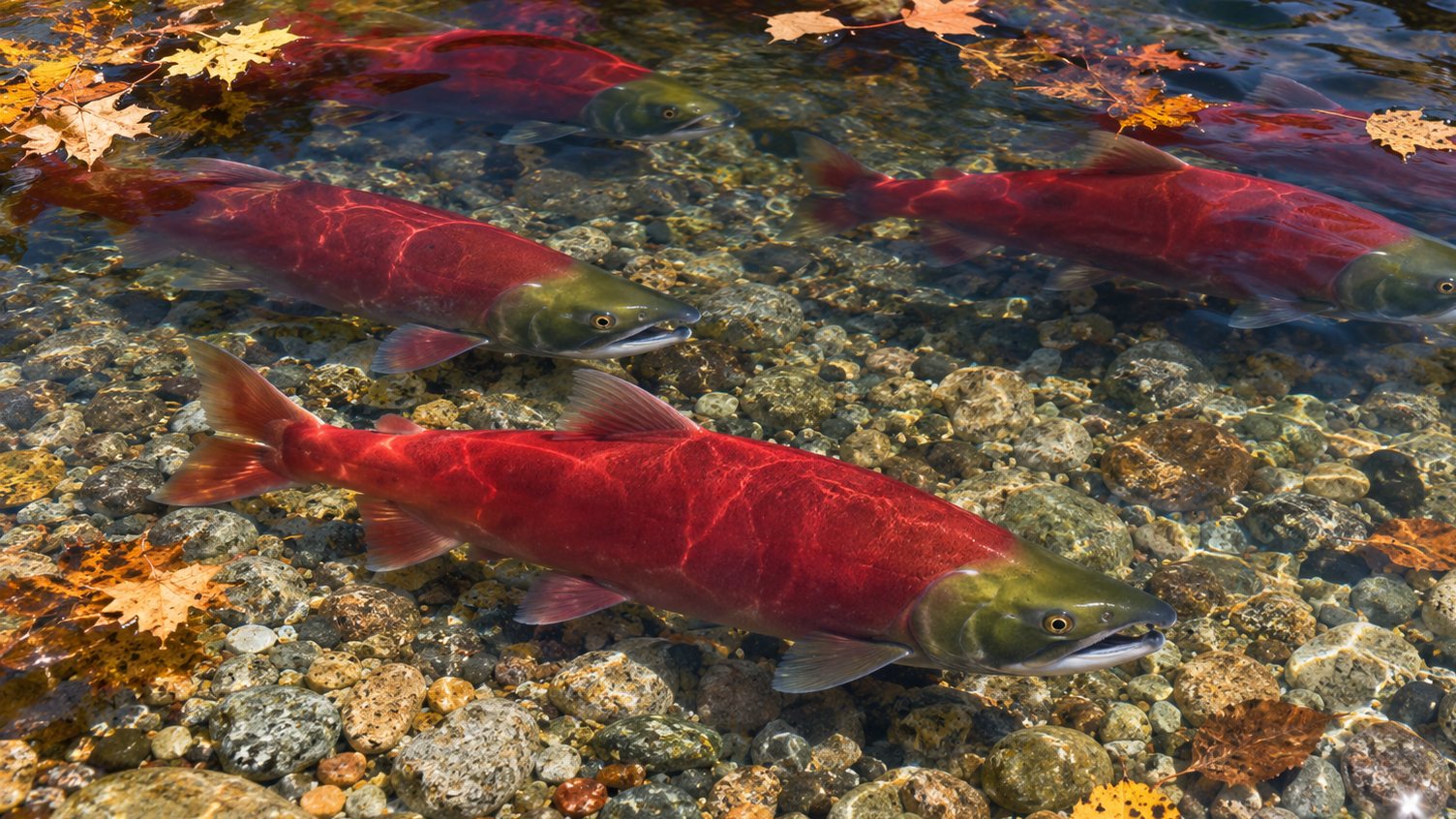 Bright red sockeye salmon with green heads resting over gravel in a clear river scattered with autumn leaves.