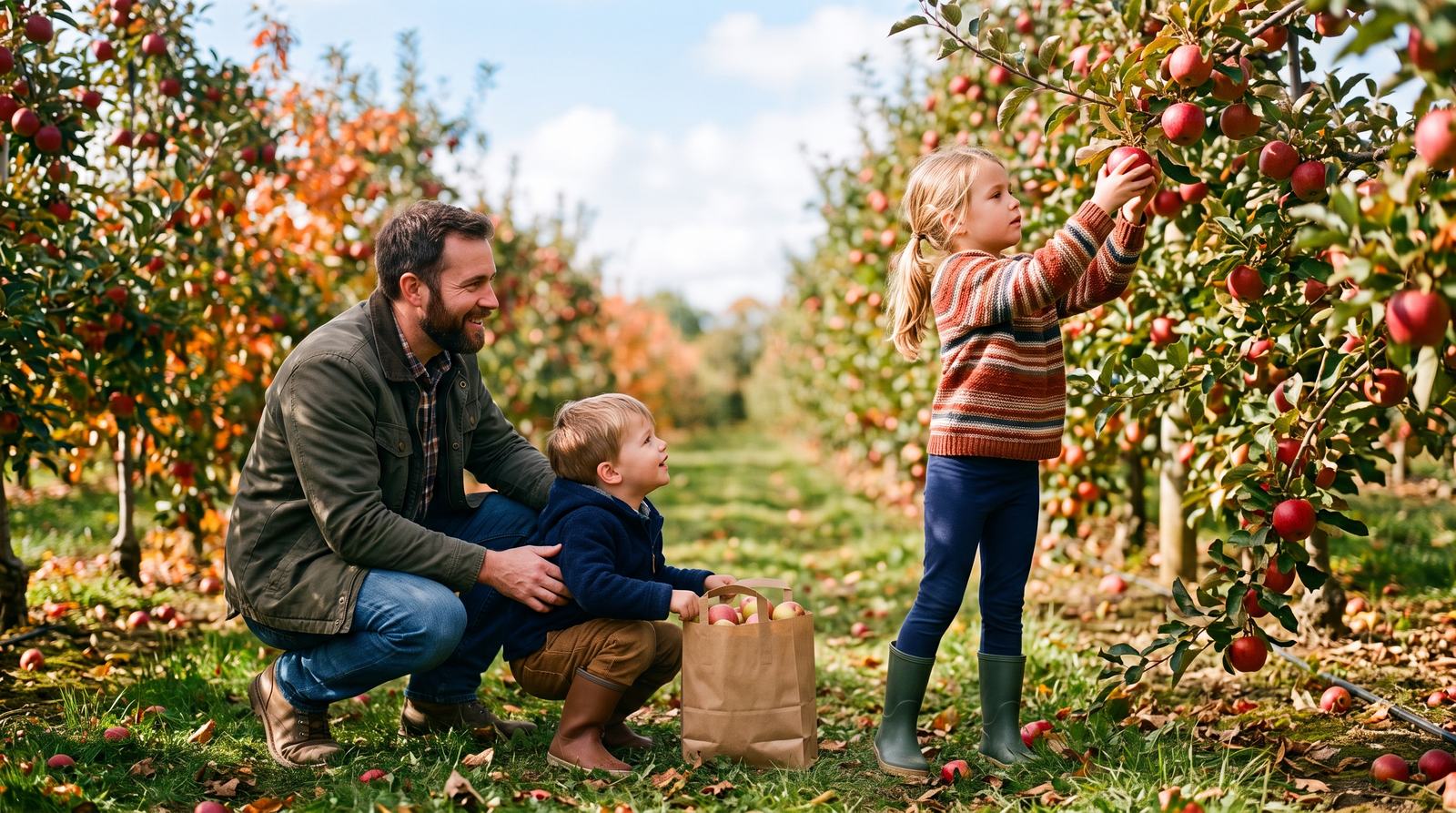 A girl reaching for red apples in a pick-your-own orchard while her dad and little brother kneel beside a paper bag of apples.