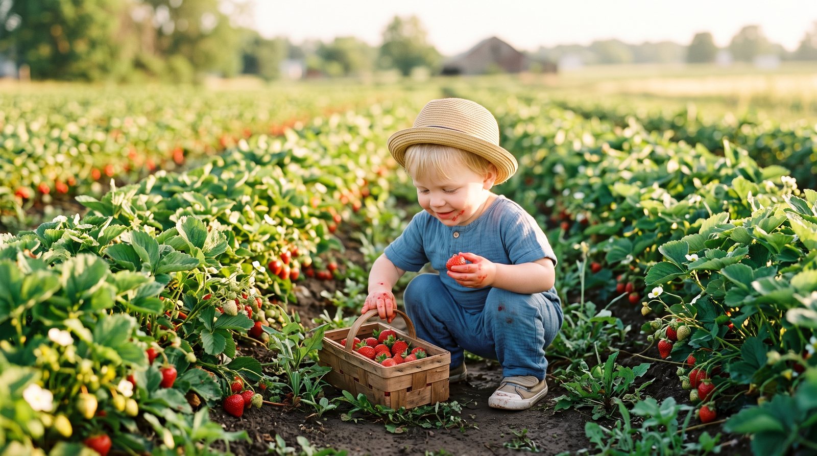 A toddler in a sun hat crouching in a strawberry field, picking ripe red berries into a small wooden basket.