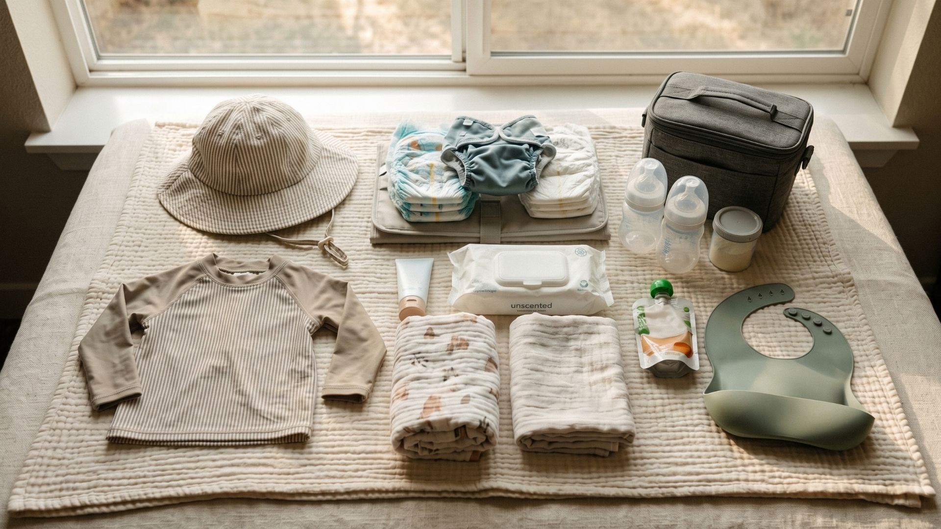 A baby water day packing kit laid out flat: wide-brimmed sun hat, long-sleeve UPF cover-up, swim diapers, changing pad, mineral sunscreen, and bottles.