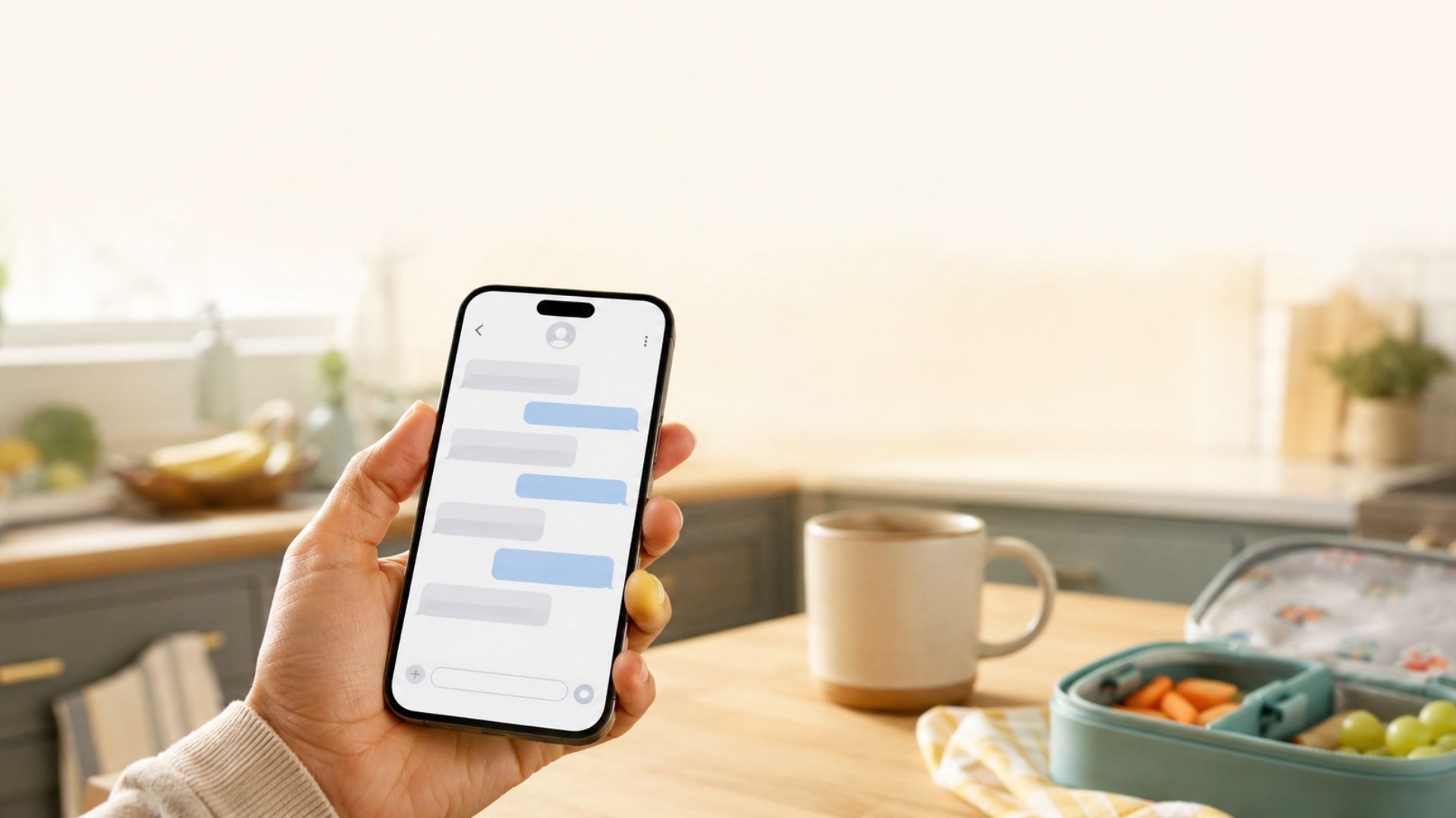 A parent's hand holding a phone with a friendly text exchange about scheduling a playdate, kitchen counter in soft light.