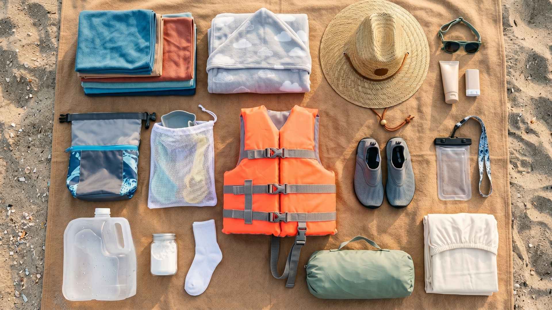Master family beach packing kit flat-lay: towels, frozen water jug, wet/dry bag, cornstarch sock, mineral sunscreen, sun hat, sunglasses, fitted water shoes, life jacket, first-aid kit, mesh sand-toy bag, fitted sheet, and pop-up sun tent.