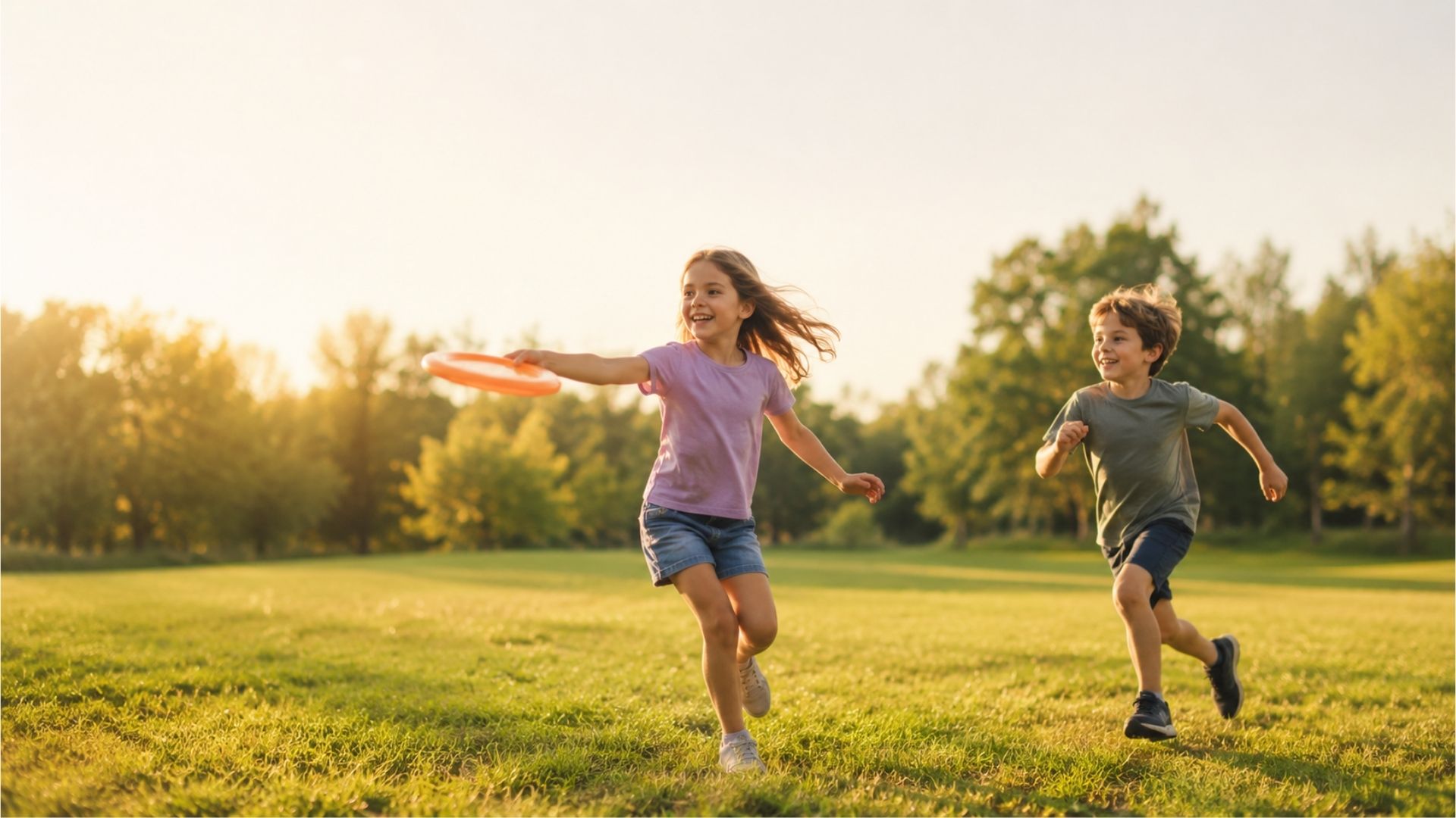Two kids running across a sunlit park field with a frisbee, late-afternoon golden light, trees in the background.