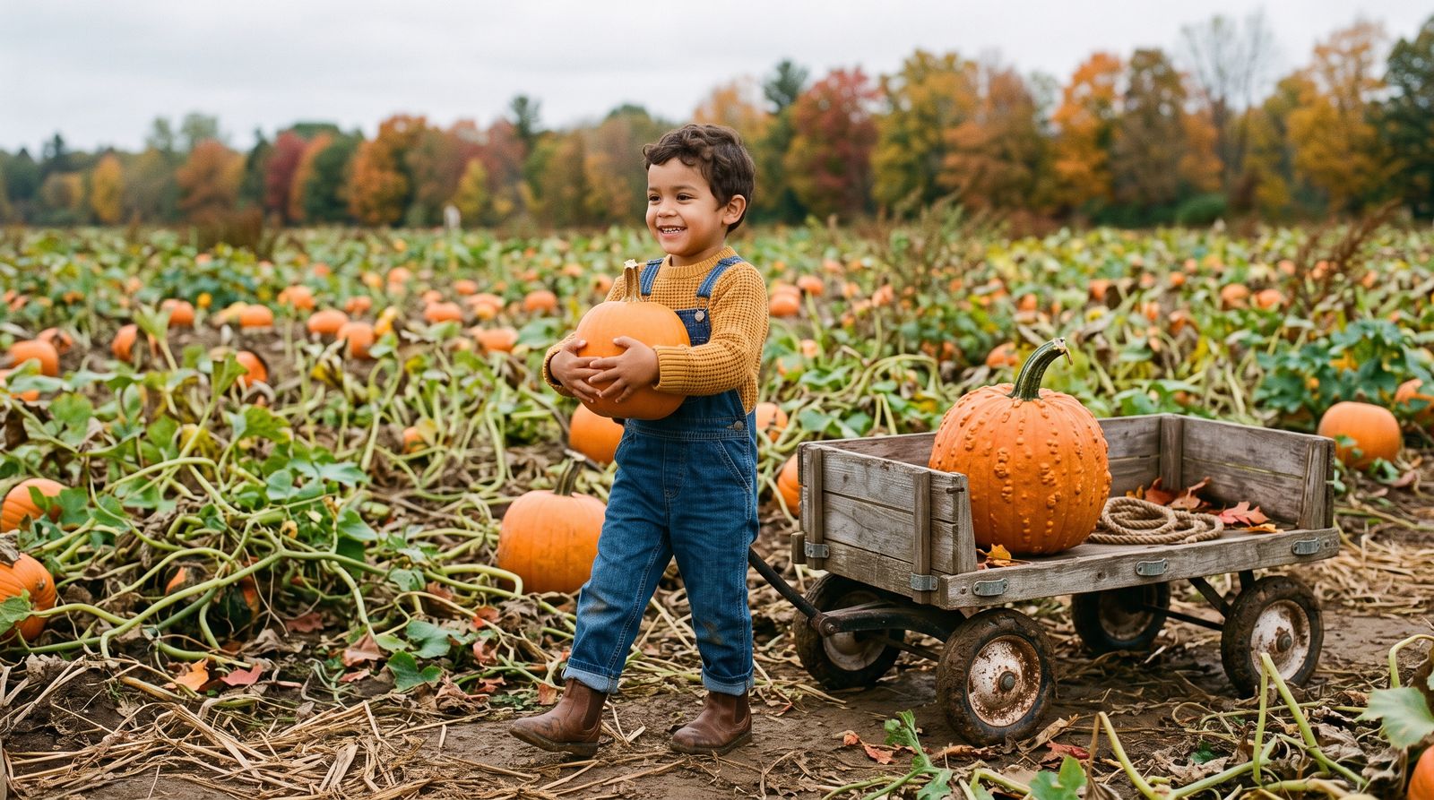 A smiling boy carrying a small orange pumpkin in both arms beside a wooden wagon in a pumpkin field in fall.