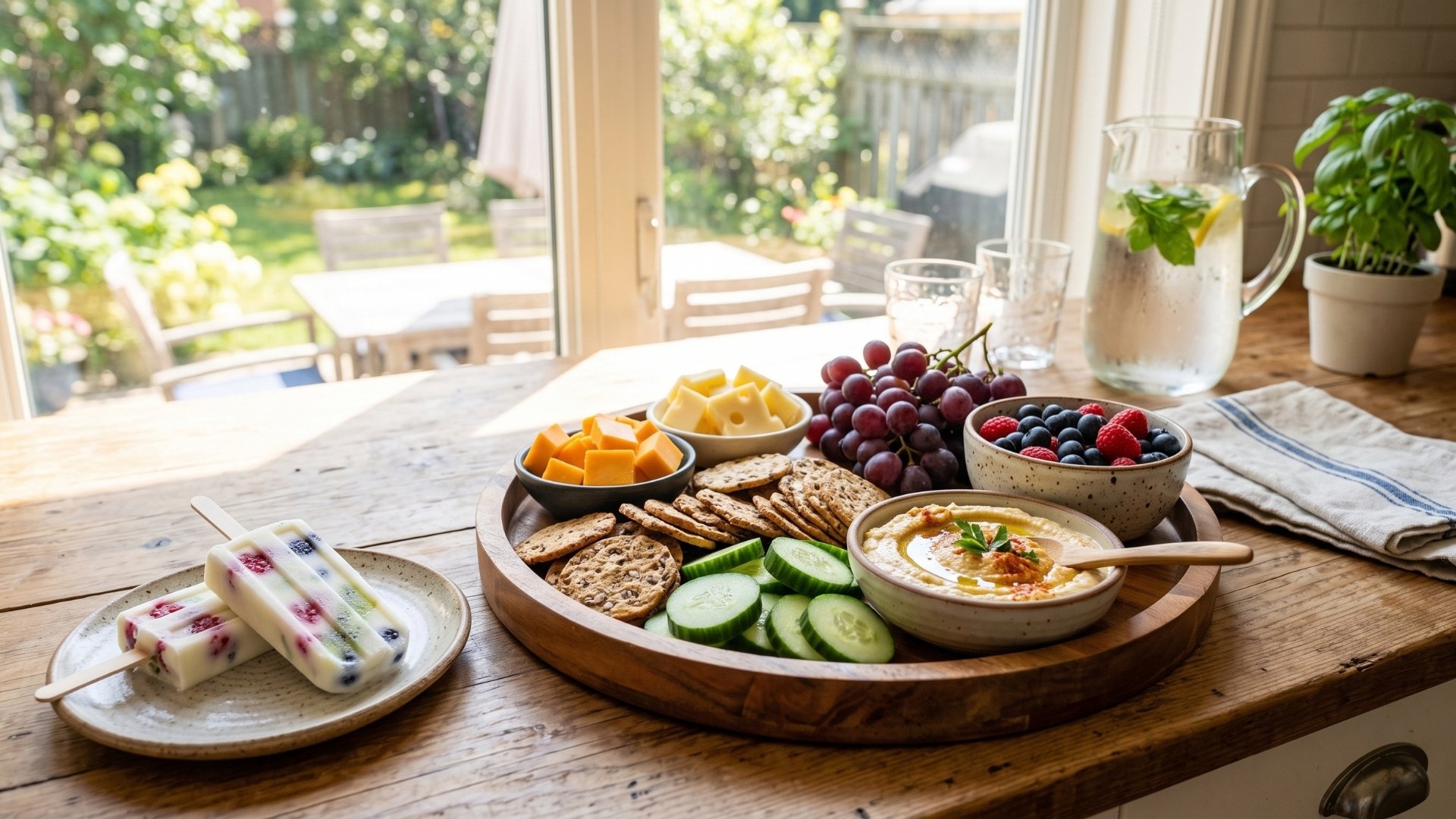 A summer kitchen counter with a build-your-own tray of no-cook snacks for kids: cheese, crackers, cucumber, grapes, hummus, and berries.
