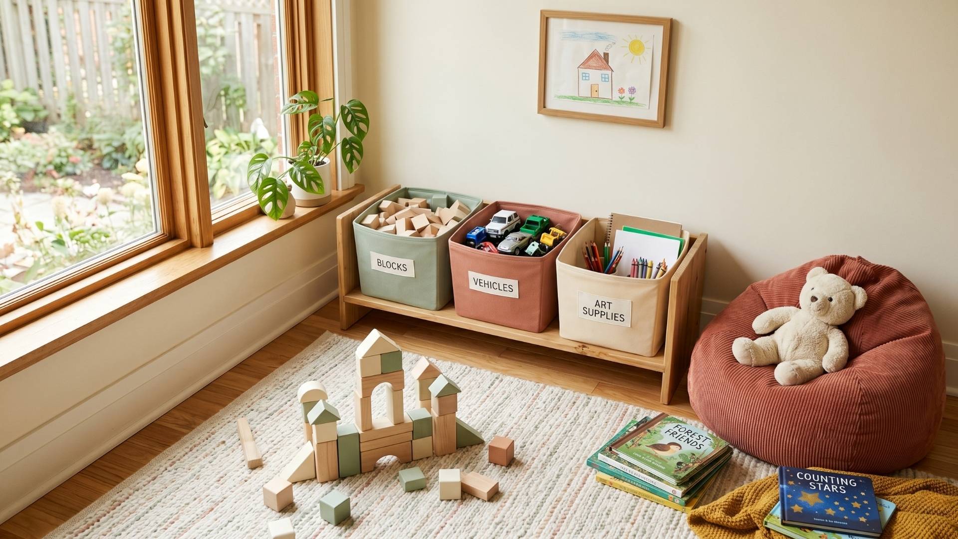 child's play corner with a low shelf of open bins, a wool rug with a partly built block castle, and a beanbag with a stack of picture books.