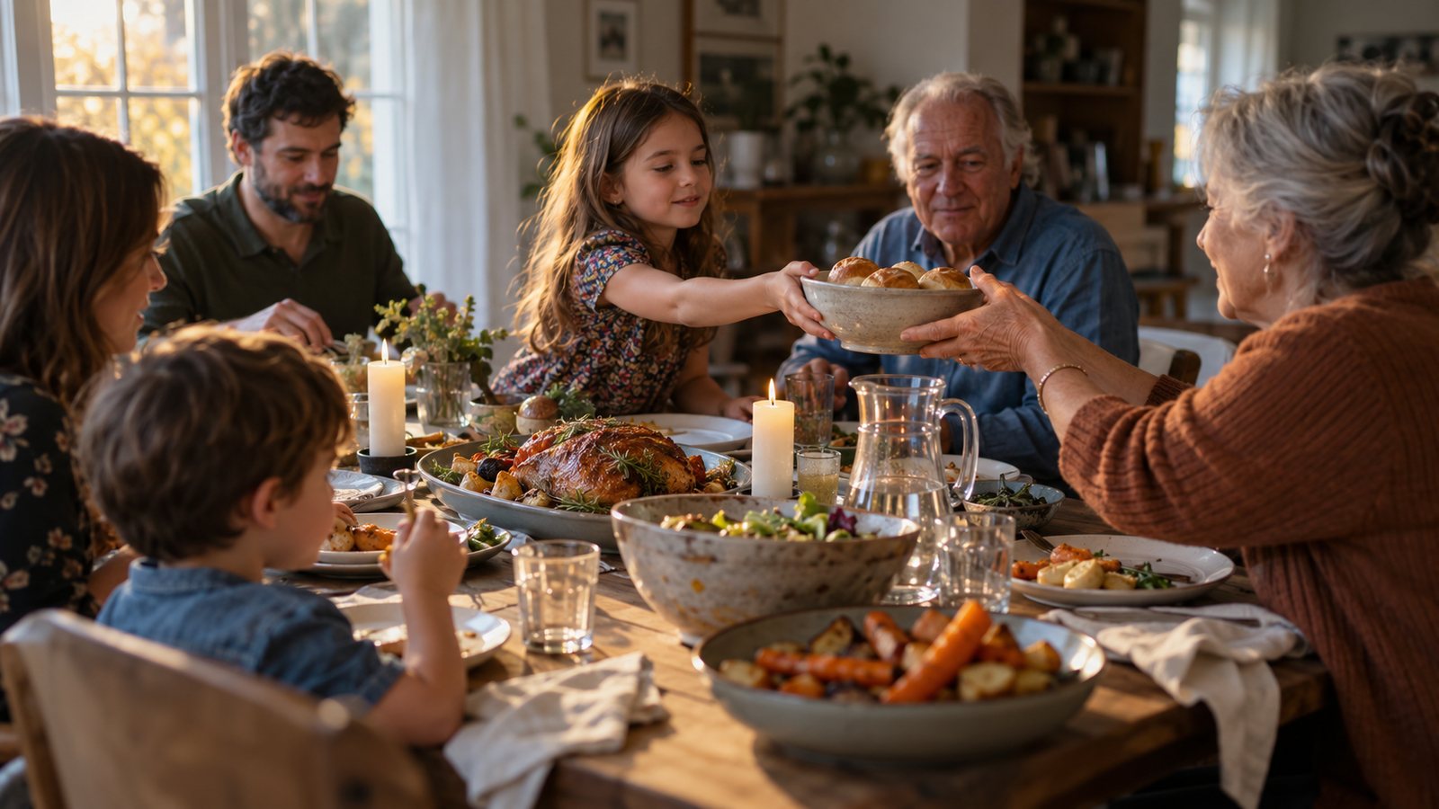 Three generations sharing a family celebration meal at home, a girl passing a bowl of bread rolls to her grandfather.