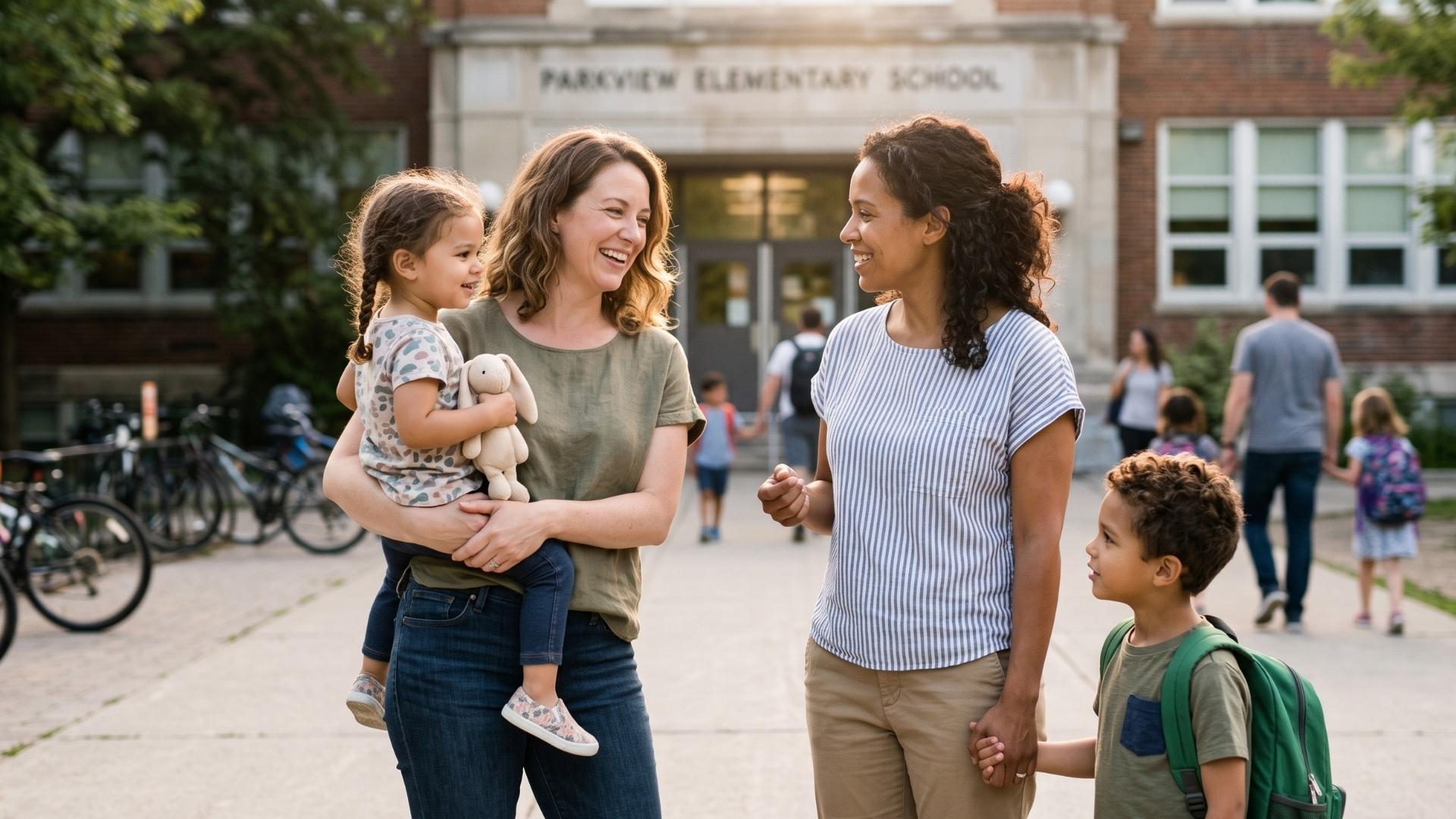 Two parents at school pickup mid-conversation, a kid on each adult's hip or holding a hand, the school building in soft focus behind them, both adults relaxed and warm.