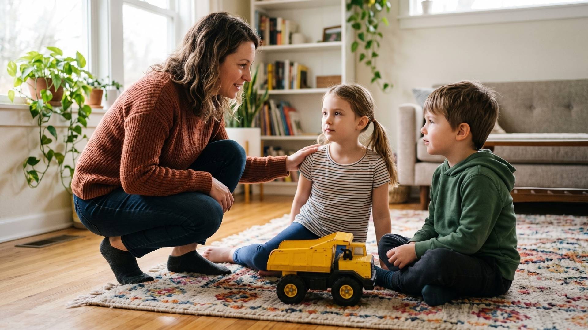 A parent crouched at eye level beside two kids about ages 5 and 6 on a rug, the parent's hand gently on one kid's shoulder, the other kid listening, a contested yellow truck on the floor between them