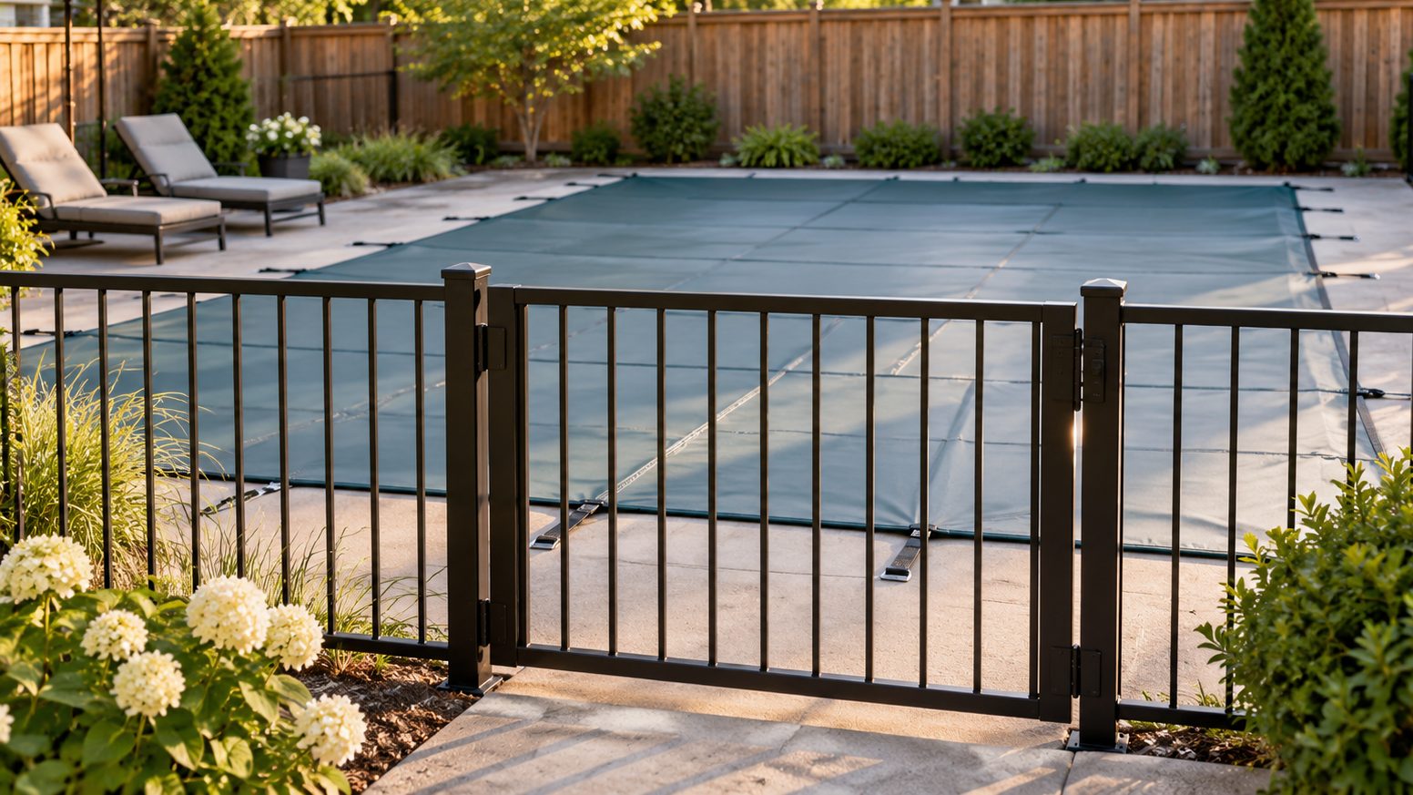 A backyard pool under a strapped-down safety cover, behind a closed metal gate and fence.