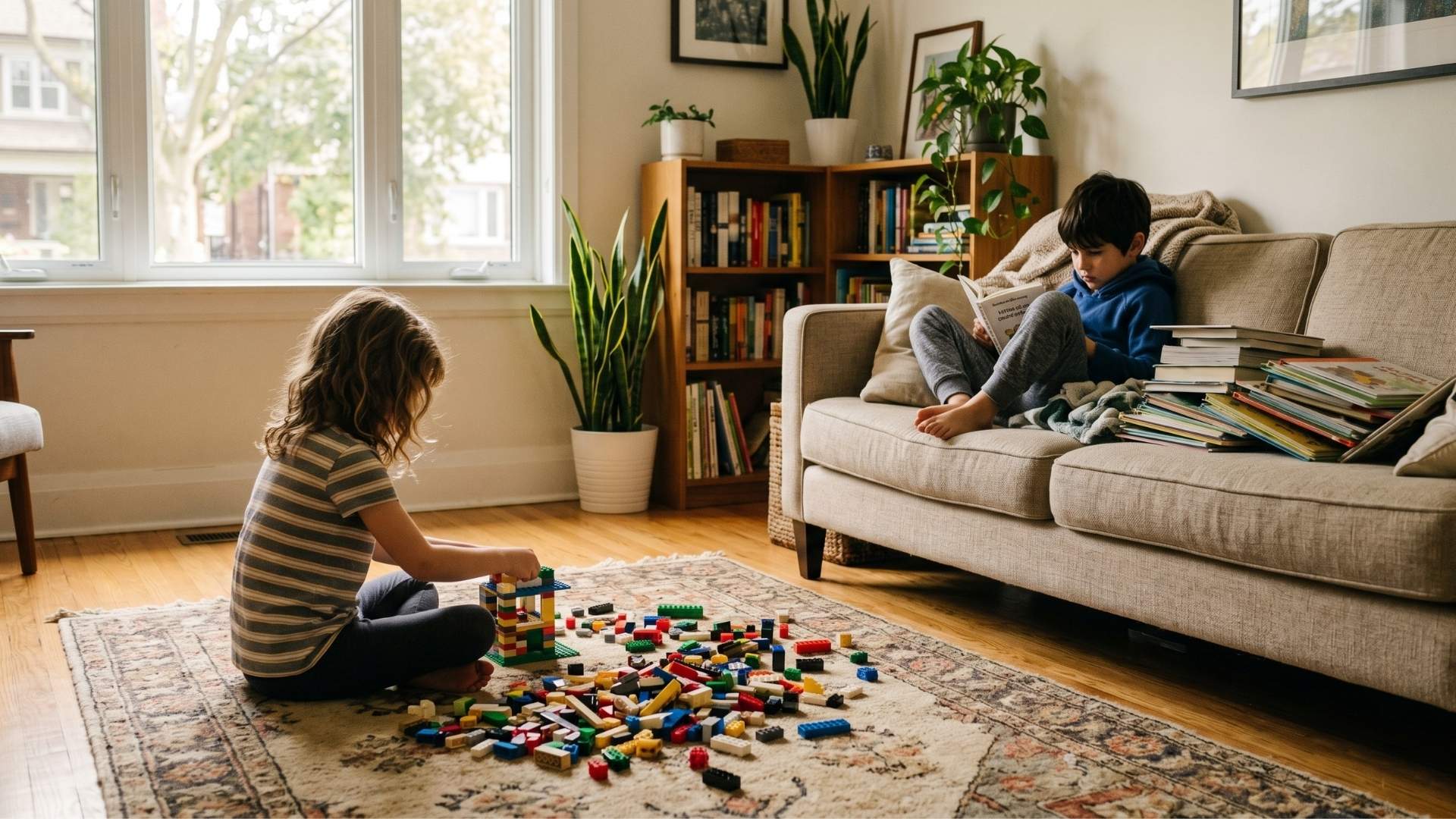 A living room with two kids ages 6 and 7 playing in different corners, one with LEGO on the floor and one with books on the couch, both absorbed in their own activity but not interacting.