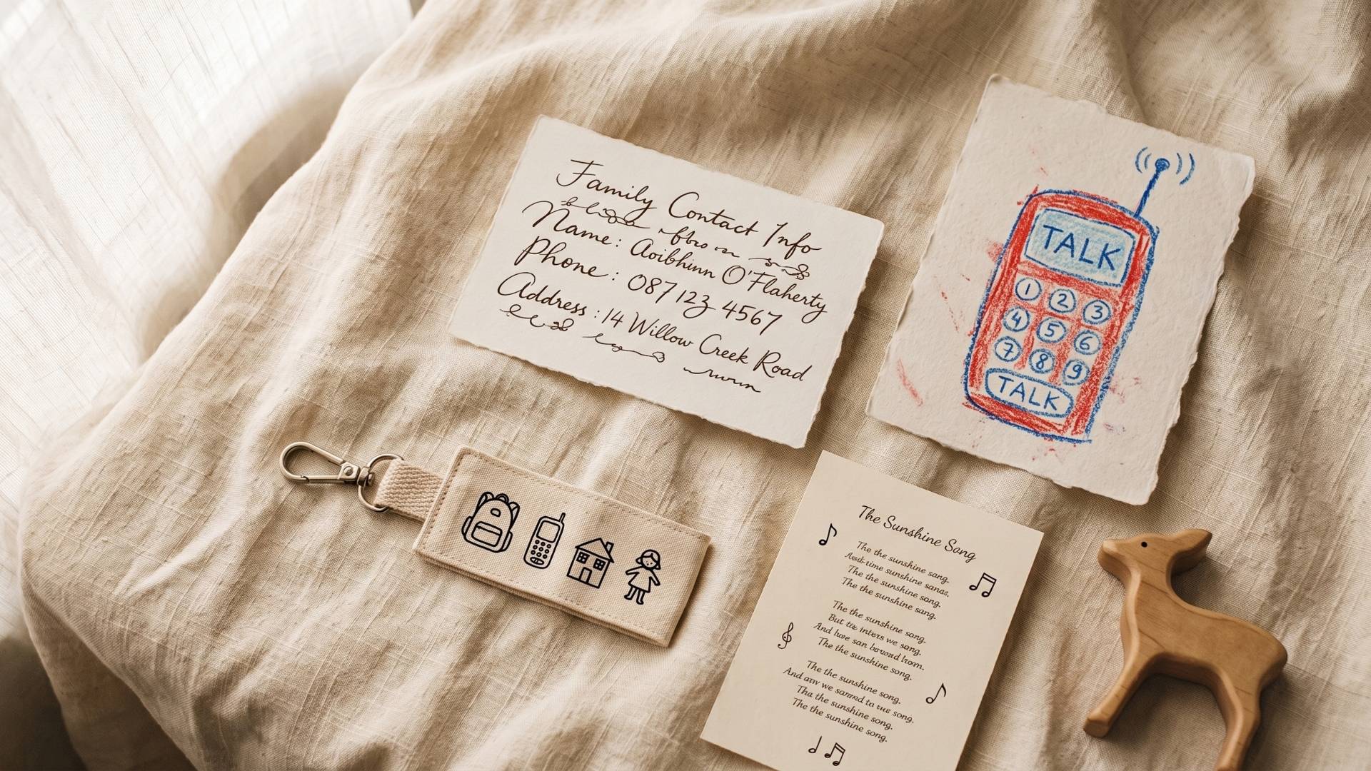A family info card, a child's crayon drawing of a phone, and a backpack tag: tools for teaching kids your phone number and address.