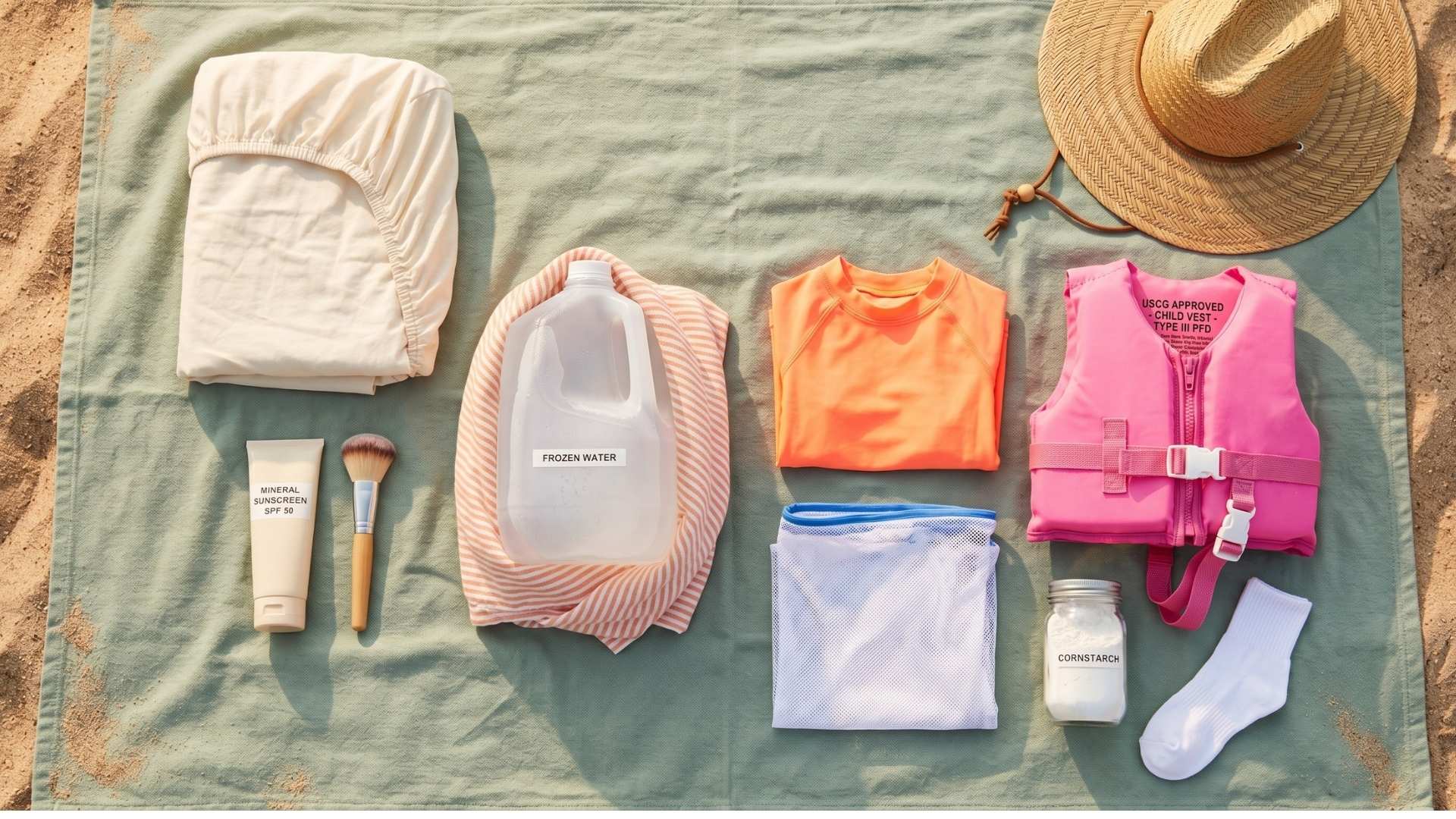 Flat-lay of beach-hack essentials for families: cornstarch in a clean jar with a cotton sock, mesh sand-toy bag, foundation brush, mineral sunscreen, frozen water container, fitted sheet, neon rash guard, sun hat,
