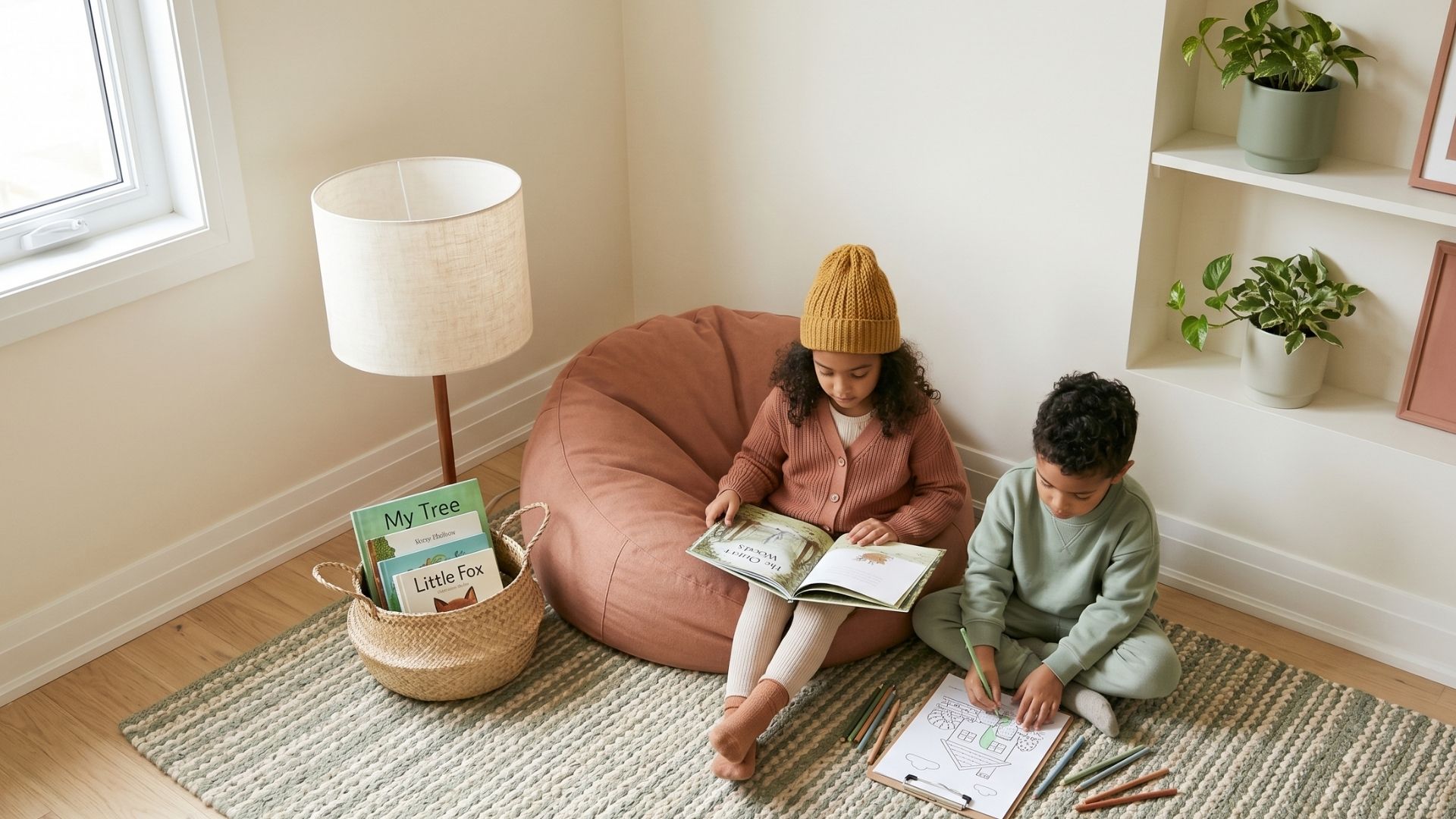 A quiet living-room corner with a thick rug, a beanbag, a small basket of picture books, and a soft lamp, two kids ages 6 and 7 sitting together quietly, one with a book and one with a colouring page.