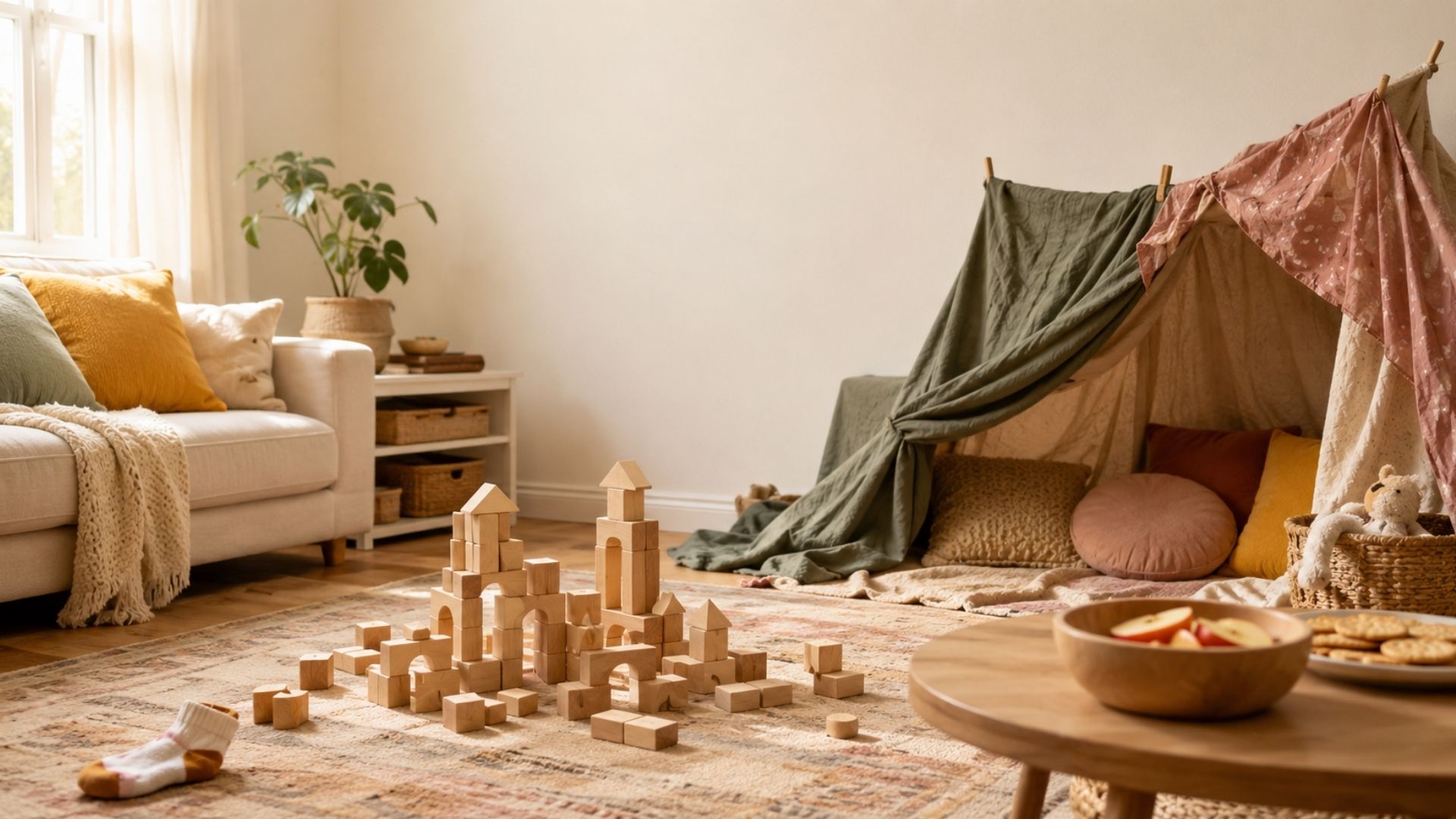 A warm, lived-in living room set up for a playdate with a building set on a rug, a cushion fort, and a bowl of snacks on a low table.