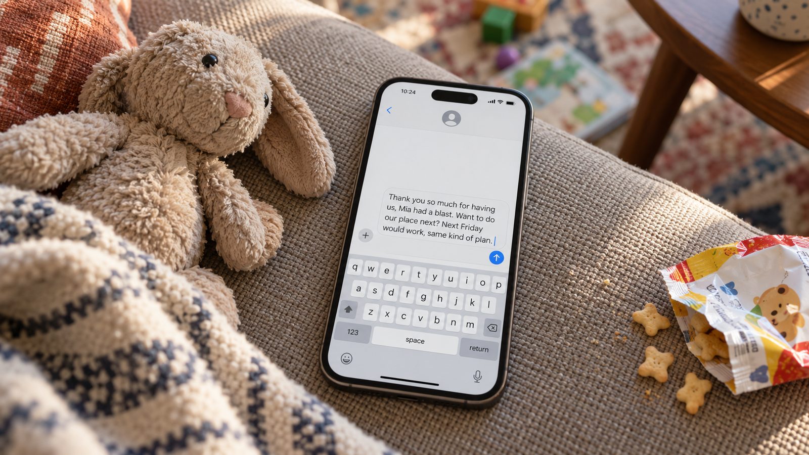 A phone on the couch with a draft thank-you text after a playdate, beside a stuffed bunny and an open snack bag.