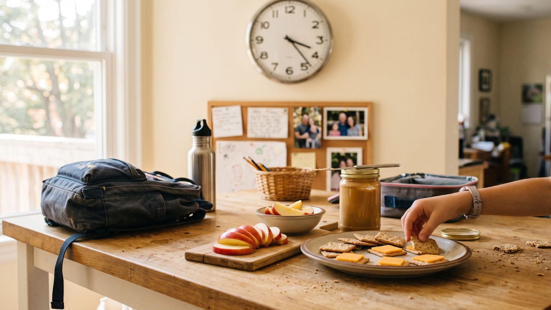 A kitchen counter at after-school time with a plate of crackers and cheese being assembled, a sliced apple, a jar of peanut butter, and a clock showing late afternoon.