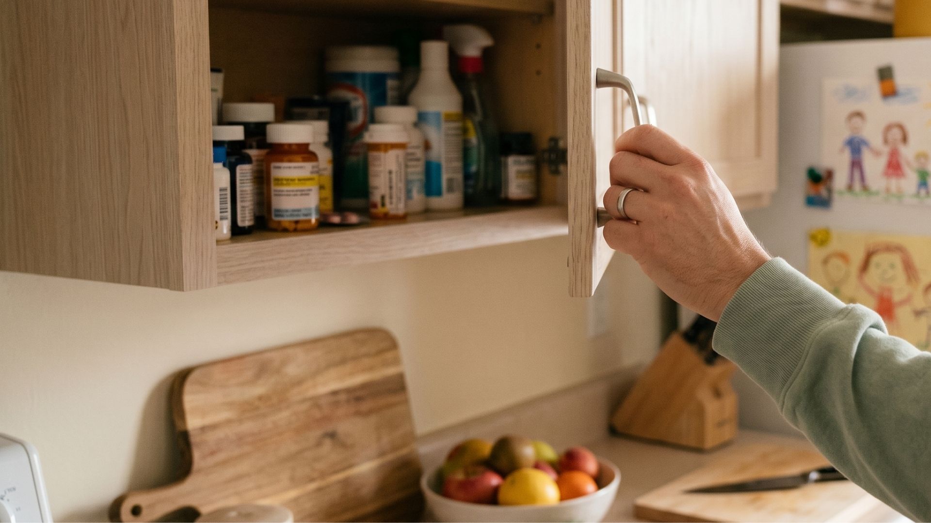 A parent's hand closing a high cabinet containing medications and cleaning products