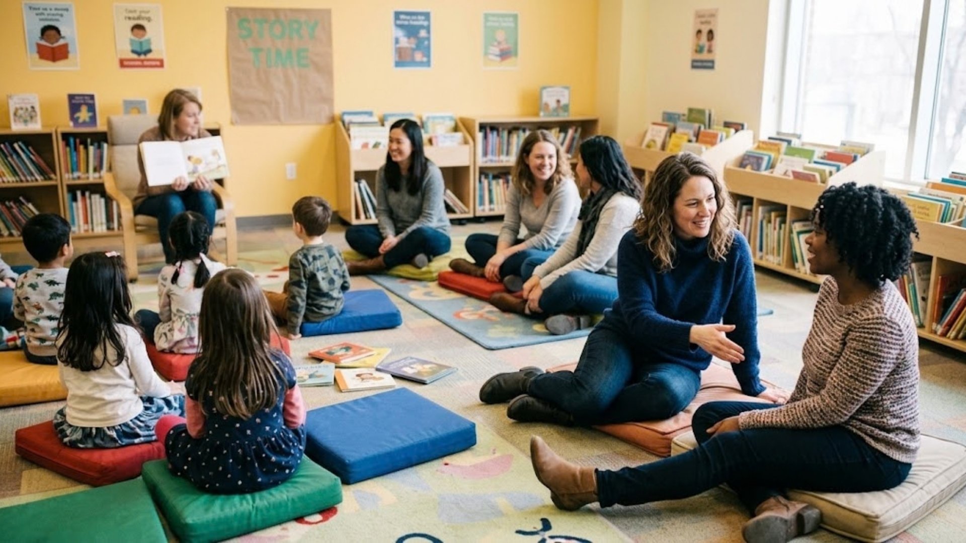 Parents chatting during library story time while toddlers play nearby, one of the easiest places to find playdate friends.