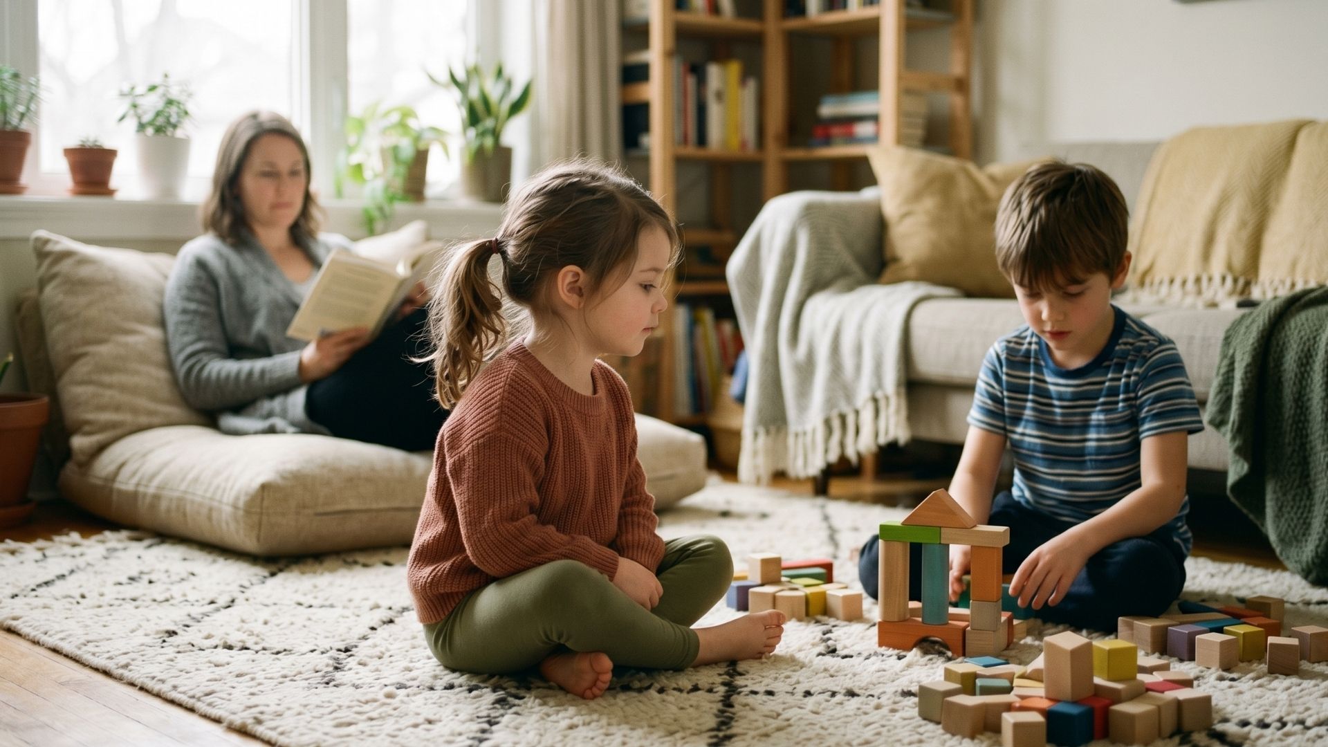A small girl about age 5 sitting on a soft rug a few feet from another kid who is building with blocks, watching with quiet attention while a parent sits in soft focus on a nearby cushion.