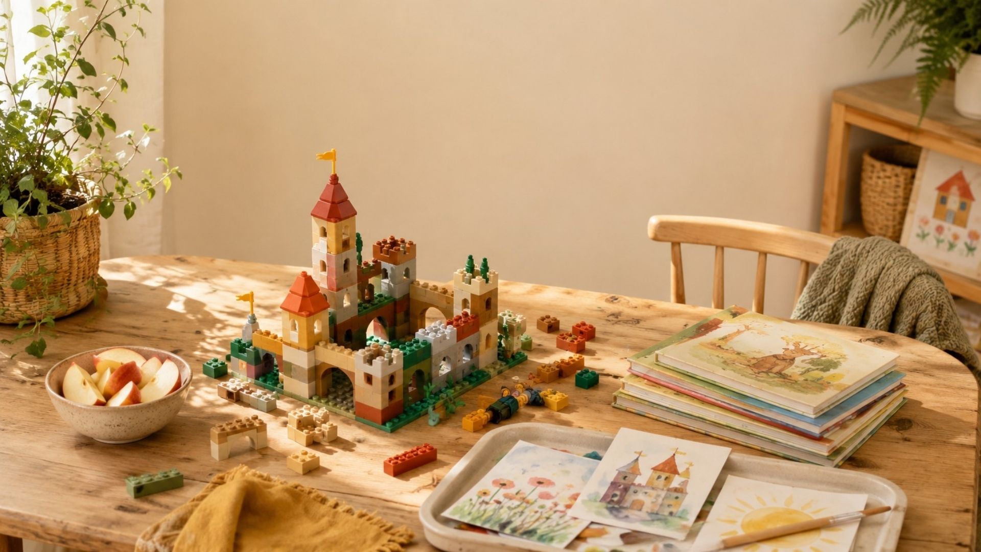 A kids' play table with a half-built LEGO castle, watercolor postcards drying, a stack of picture books, and a small bowl of apple slices.