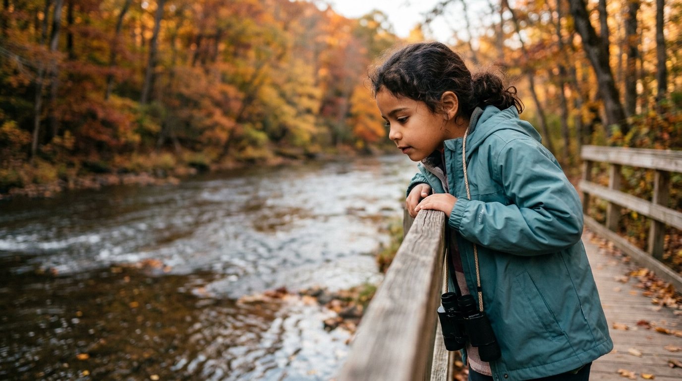 A girl with binoculars around her neck leaning on a wooden railing to look into a river in the fall.
