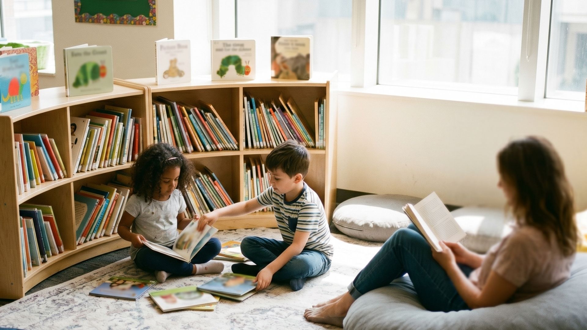 A children's library section with a low picture-book shelf, two kids ages 5 and 7 cross-legged on the floor pulling books down, and a parent in soft focus on a nearby cushion reading.