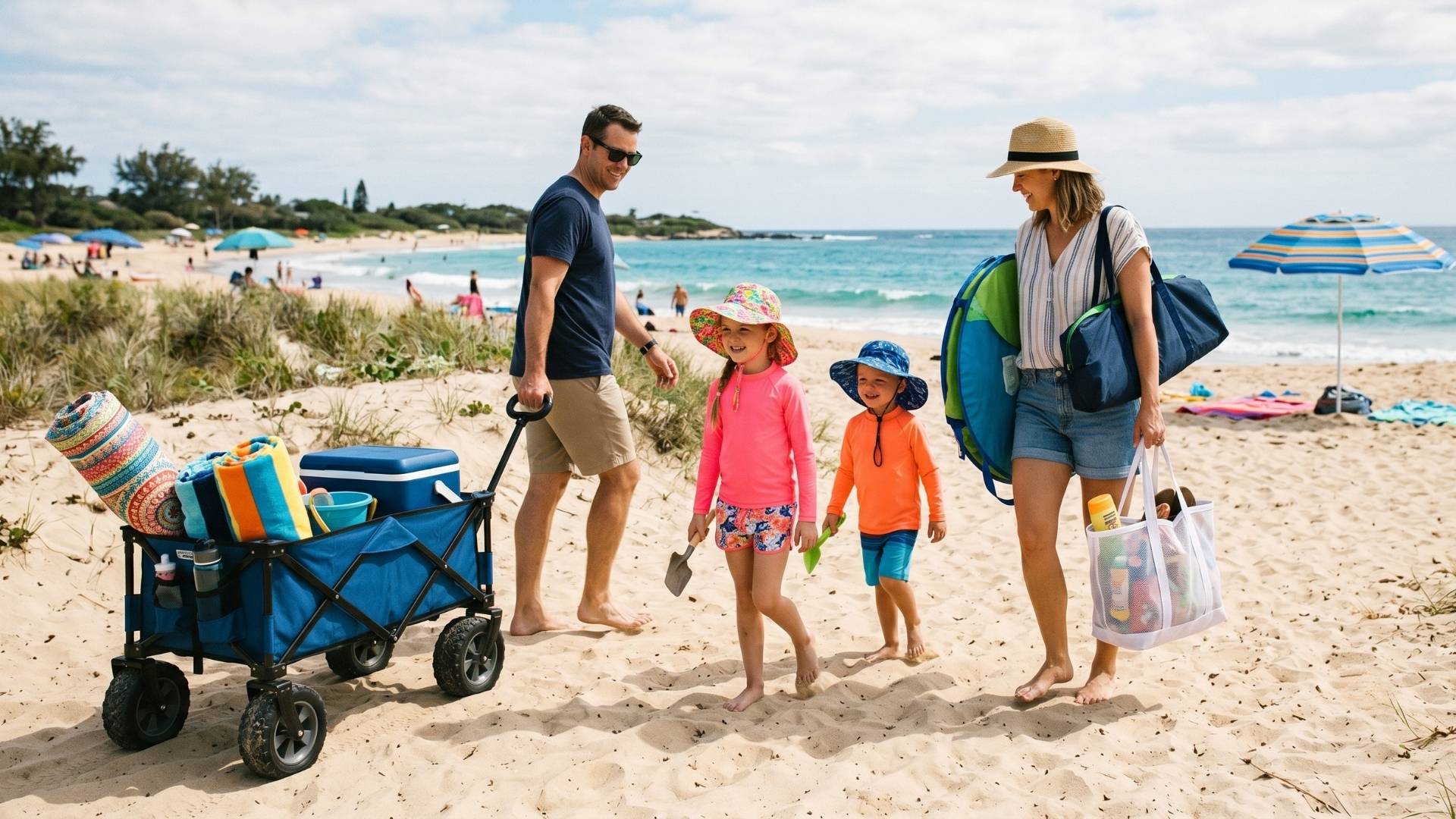 A family of four arriving at a sandy beach in late morning with a wide-wheeled wagon, mesh beach bag, pop-up sun tent, and two kids in bright neon rash guards and sun hats.