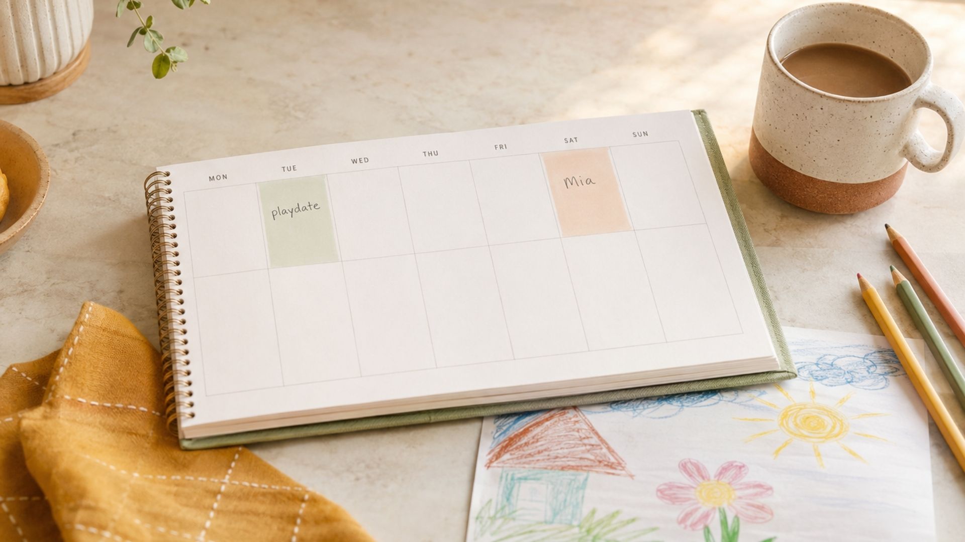 A weekly family planner showing two scheduled playdates and a child's drawing nearby.