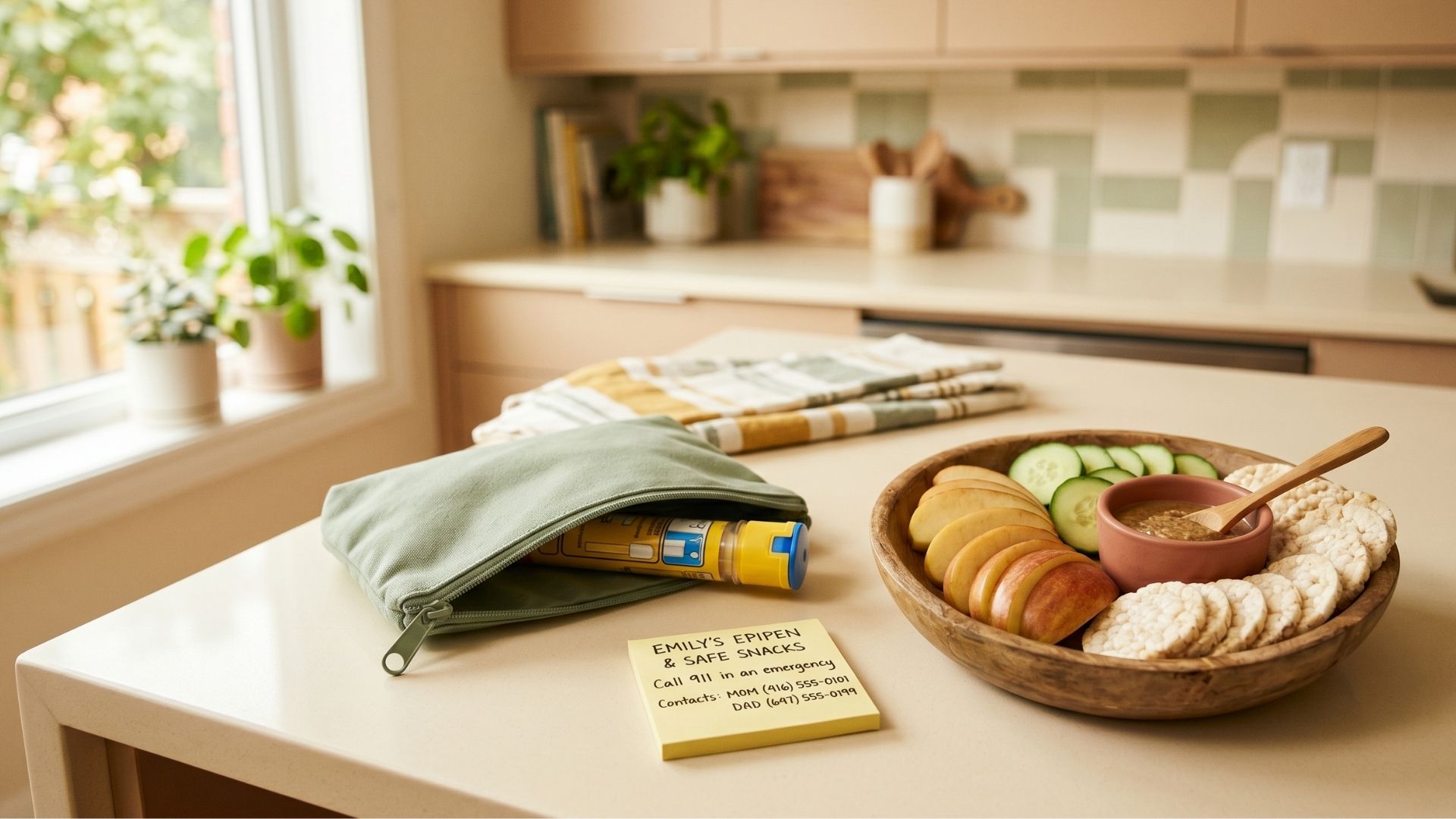 A kitchen counter with an EpiPen in a small pouch, a sticky note, and a wooden bowl of allergy-safe snacks including apple slices, cucumber, rice crackers, and sunflower seed butter.
