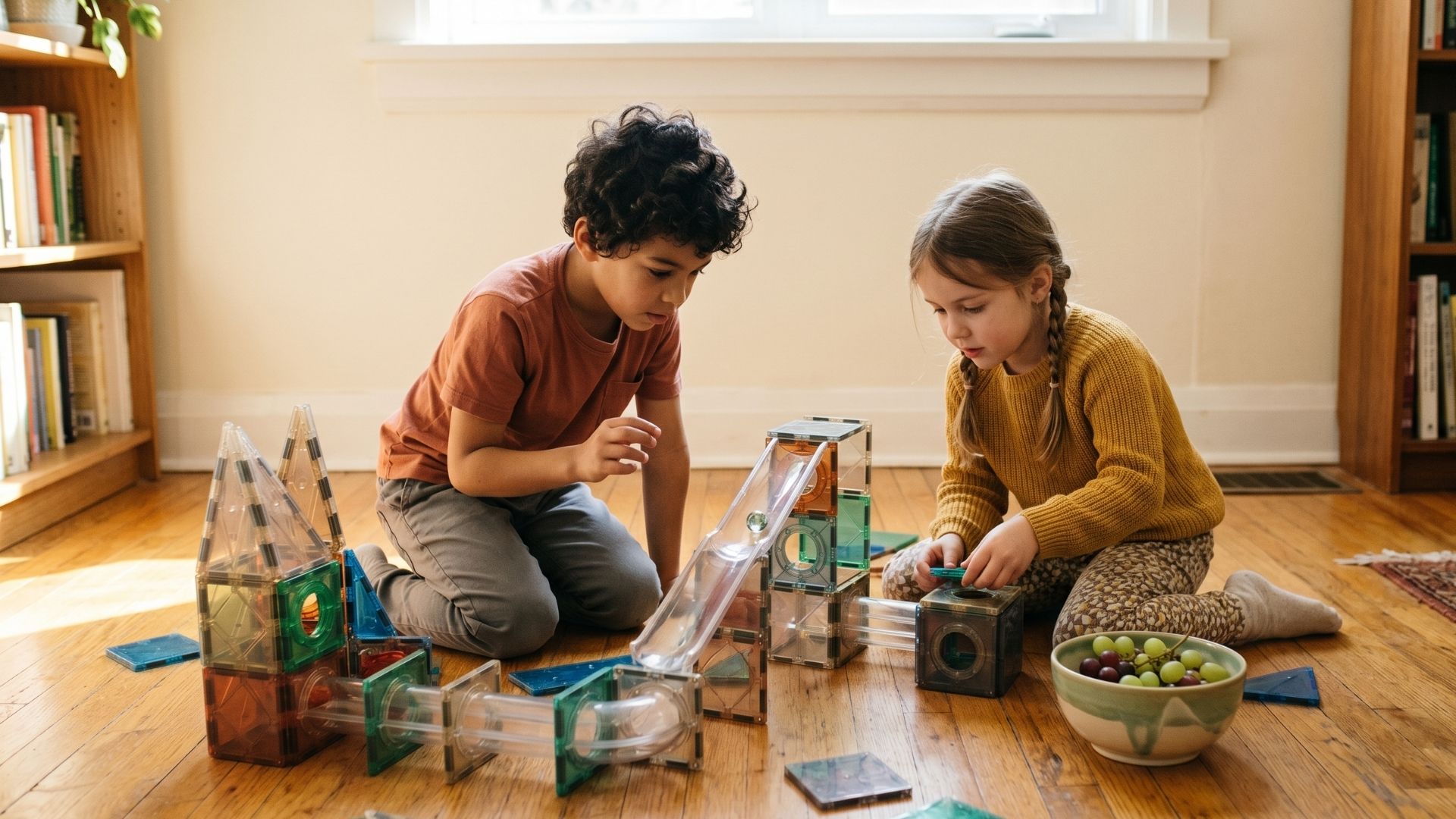 Two kids ages 7 and 8 deep in a Magna-Tiles build on a wooden floor, a small marble mid-roll down their ramp, with a snack bowl of grapes nearby.