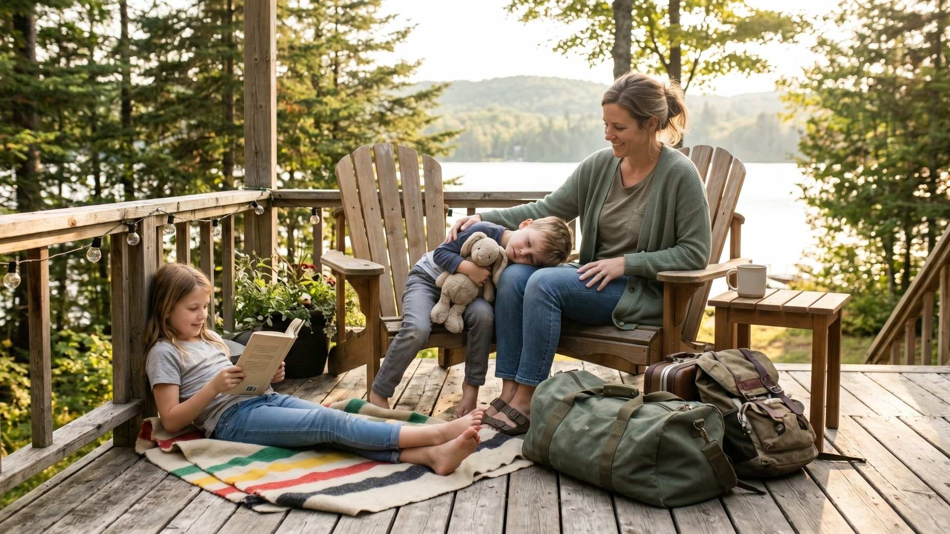 A family settling into a relaxed weekend getaway, a parent and two children unhurried on the porch of a holiday rental with bags barely unpacked
