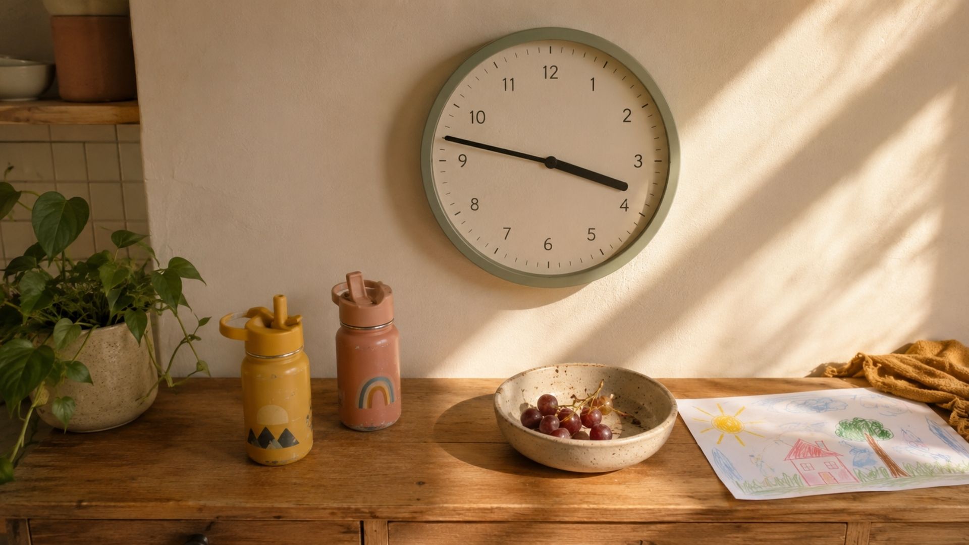 A kitchen clock at 3:47pm with afternoon snacks and a child's drawing, suggesting a playdate is winding down.