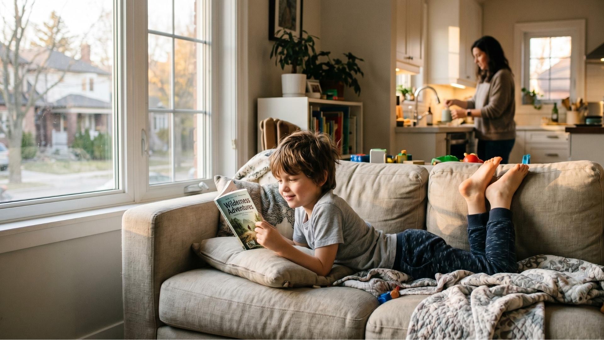 A kid about age 7 lying on the couch with a book in soft afternoon light, choosing solo time in a calm and self-contained way.