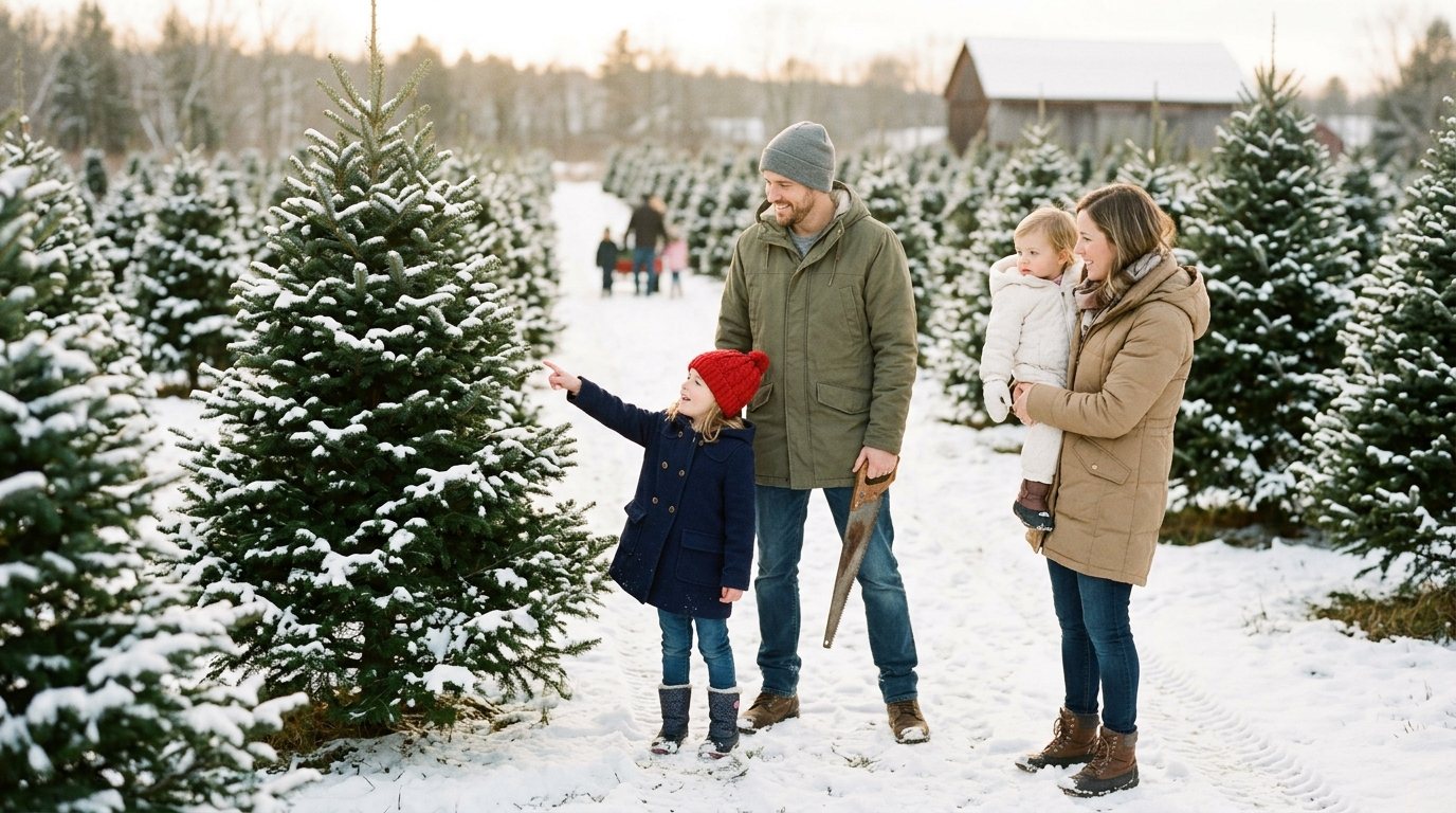 A family walking through a snowy Christmas tree farm, a girl in a red hat pointing at a fir tree she likes.