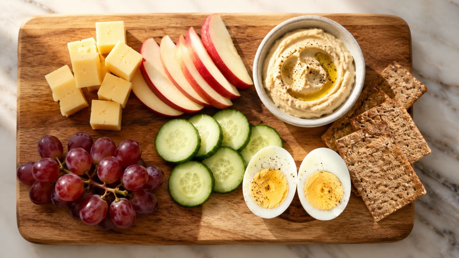 A snack platter on a wood cutting board with cheese cubes, sliced apple, cucumber rounds, hummus, whole-grain crackers, a halved hard-boiled egg, and a small bunch of grapes.