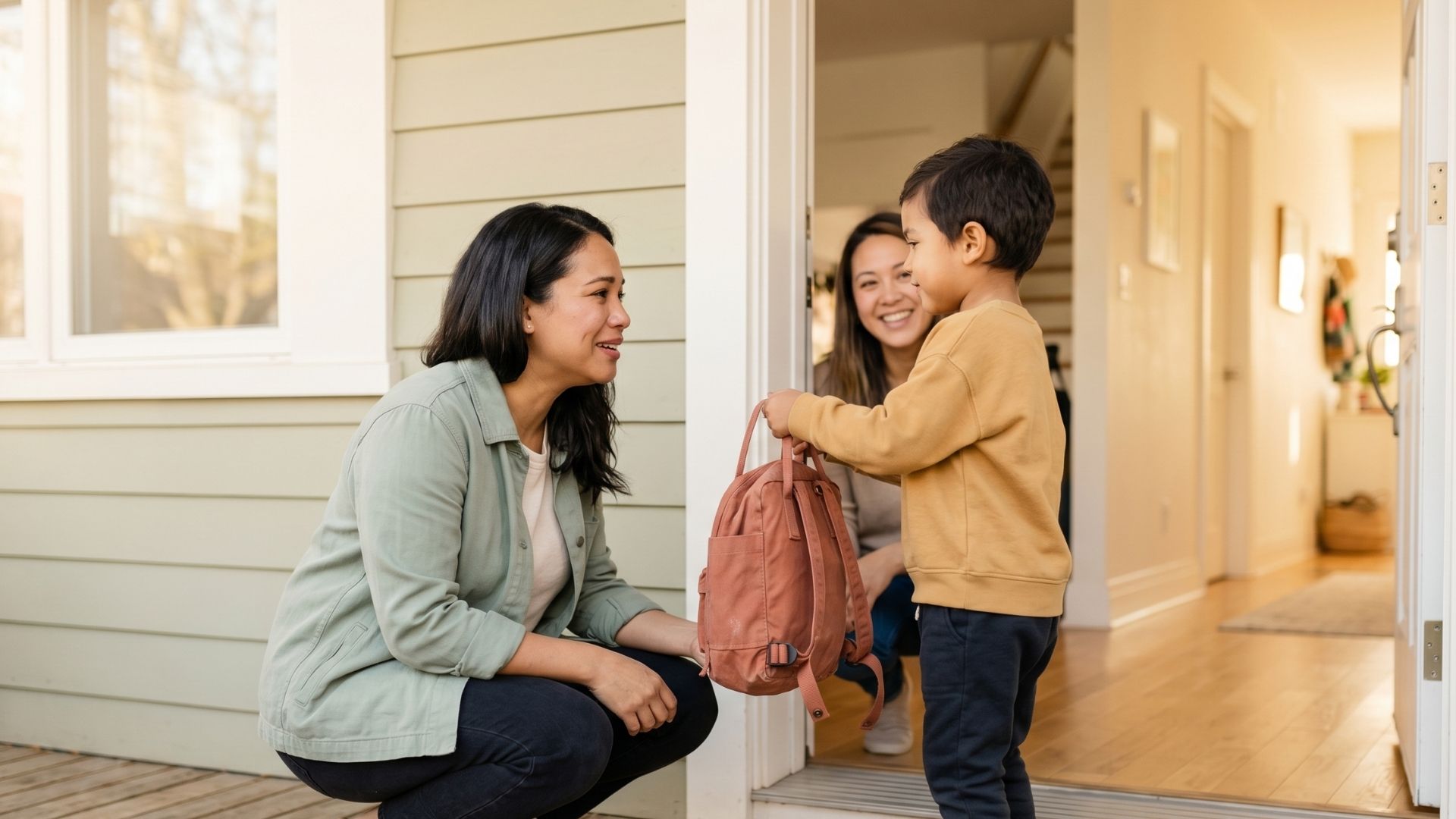 A parent saying goodbye to their child at a host family's front door at the start of a drop-off playdate.