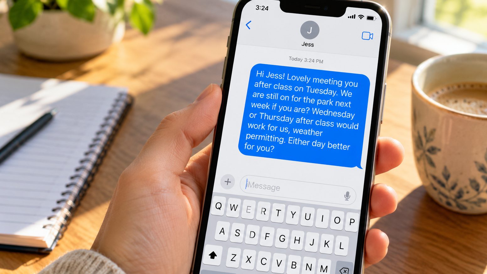 A phone showing a sample reconfirm text to another parent about meeting at the park next week, held over a table beside a coffee cup.