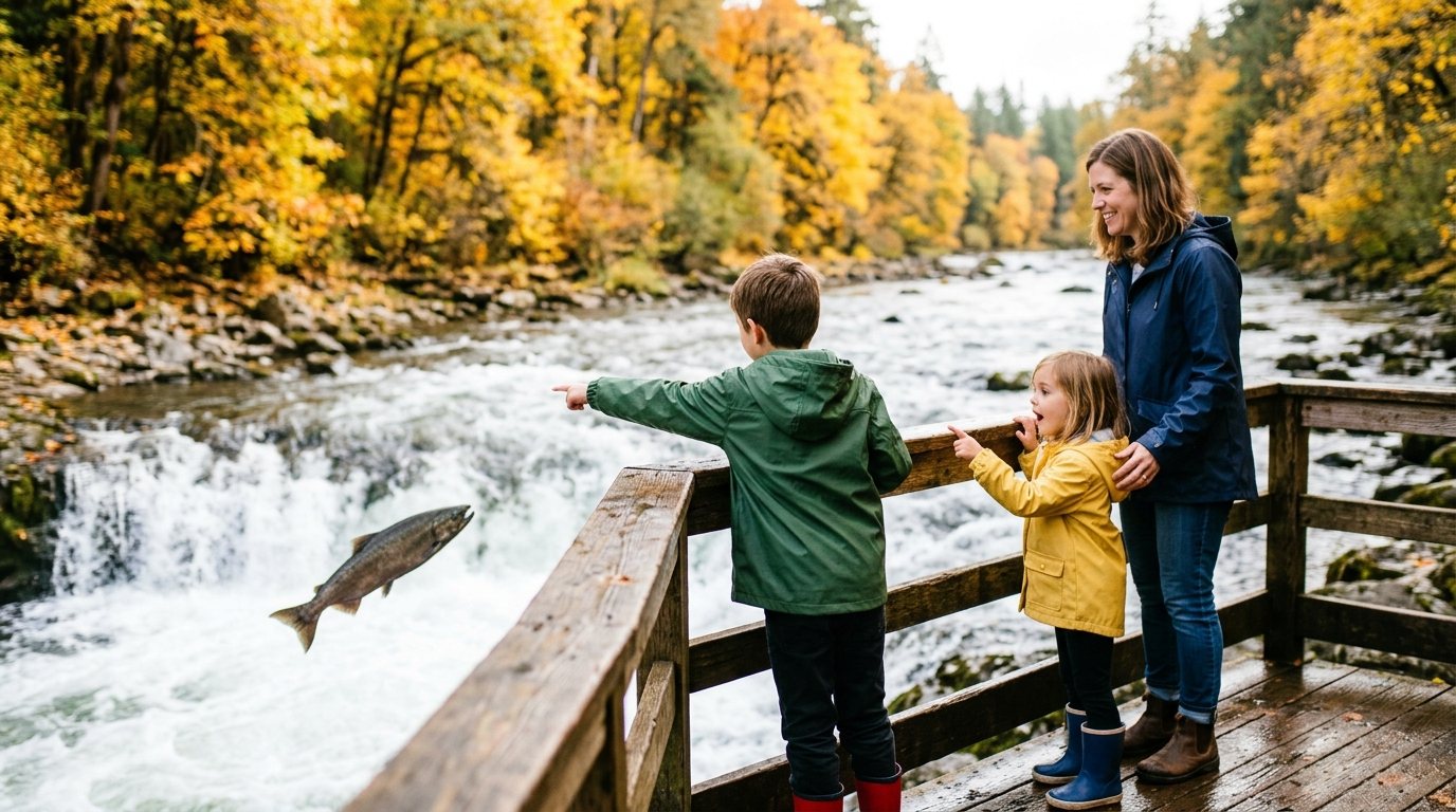 Two children on a riverside viewing platform pointing at a salmon leaping up a low waterfall during the fall salmon run.