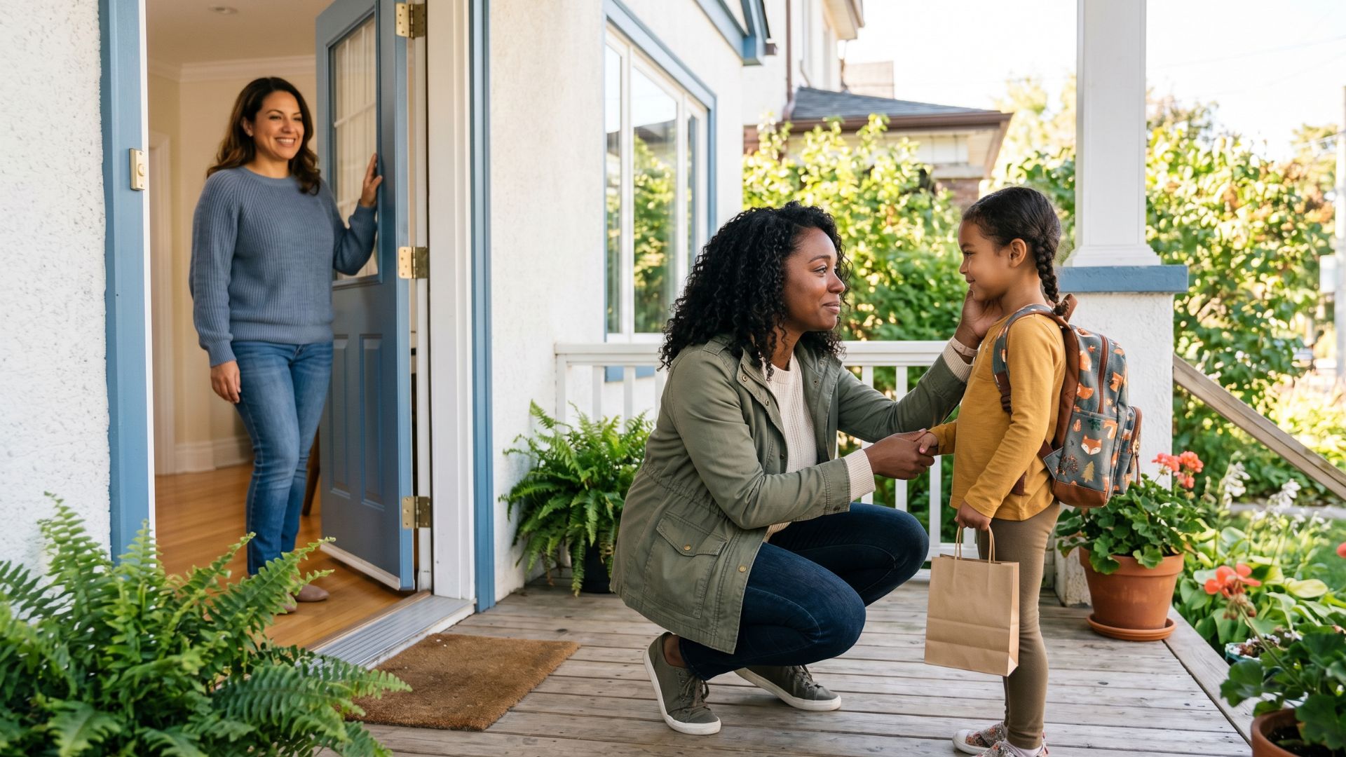 A parent saying goodbye to their young child at a host family's doorway at the start of a drop-off playdate.