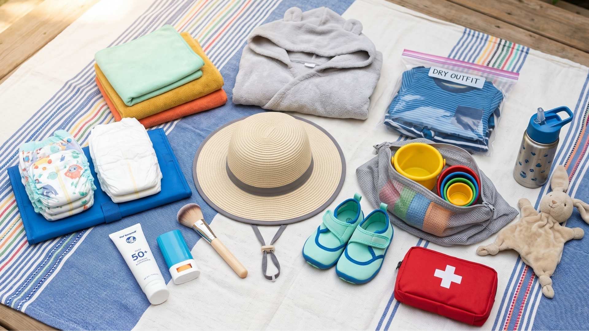 Toddler water day packing kit flat-lay: hooded toddler towel, swim diapers, regular diapers, changing pad, mineral sunscreen, foundation brush, wide-brimmed sun hat, small fitted water shoes