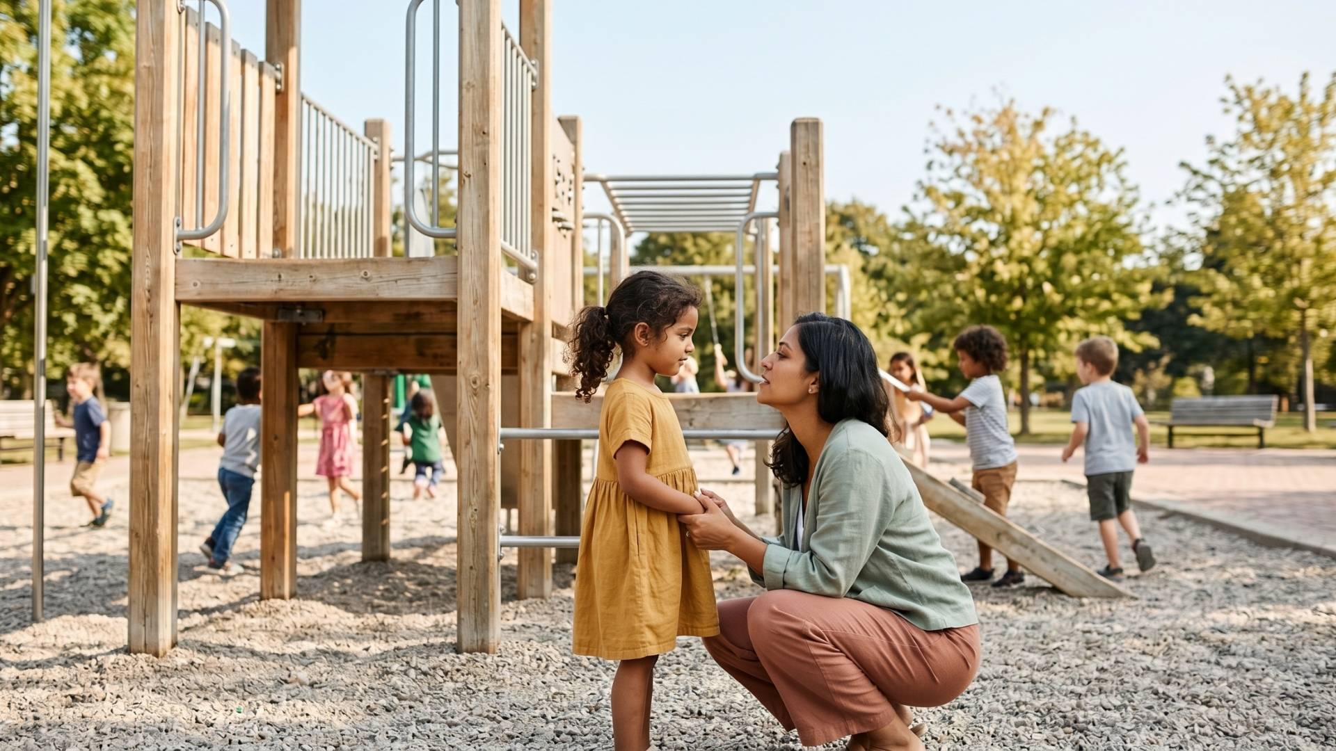 A mom crouched at her young child's eye level on a playground, other kids playing around.