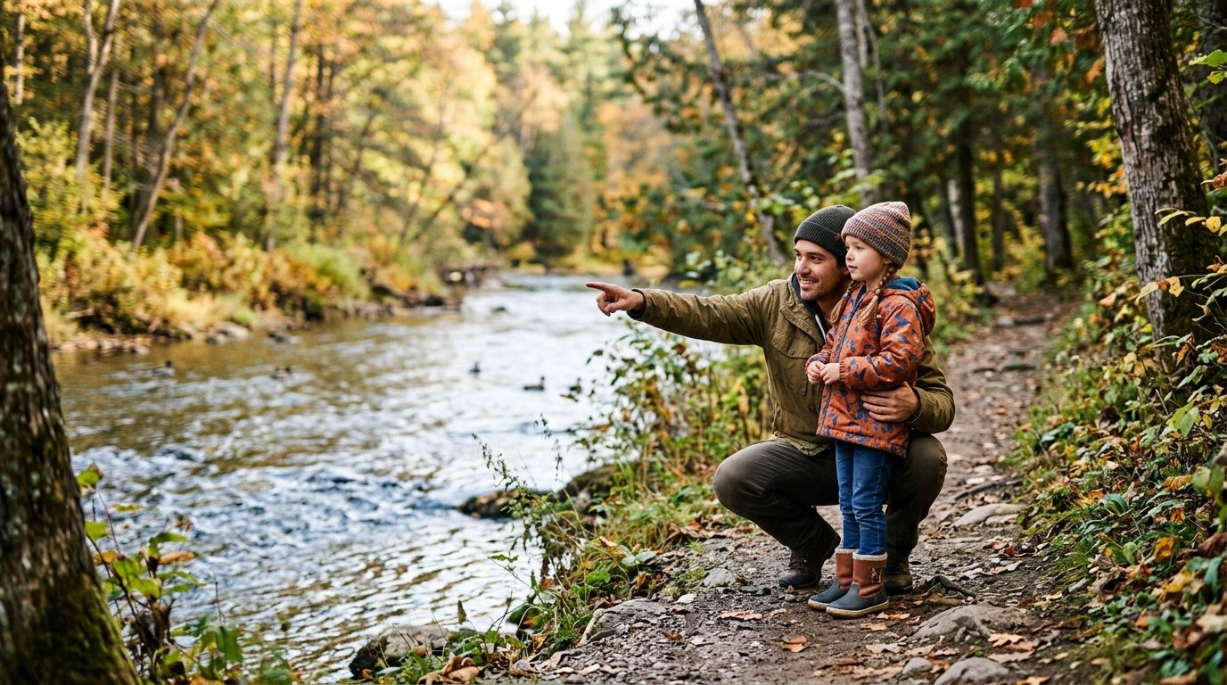 A dad crouching beside his toddler on a riverside trail, pointing at the water during the fall salmon run.