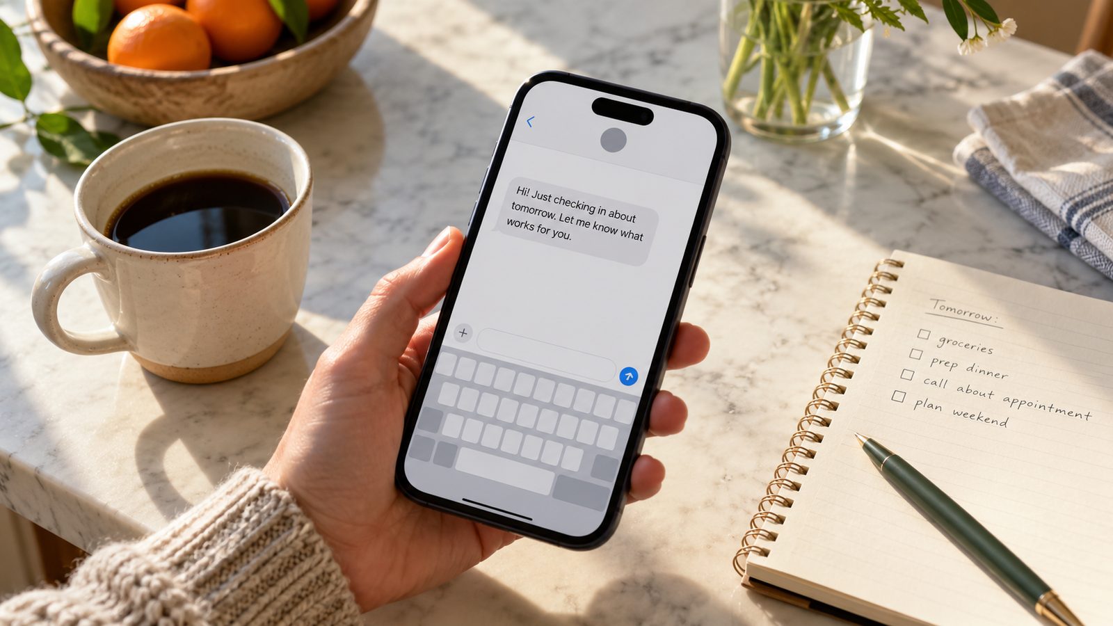 A parent's hand holding a phone with a draft playdate text on the screen, beside a coffee cup on a kitchen table in soft light.