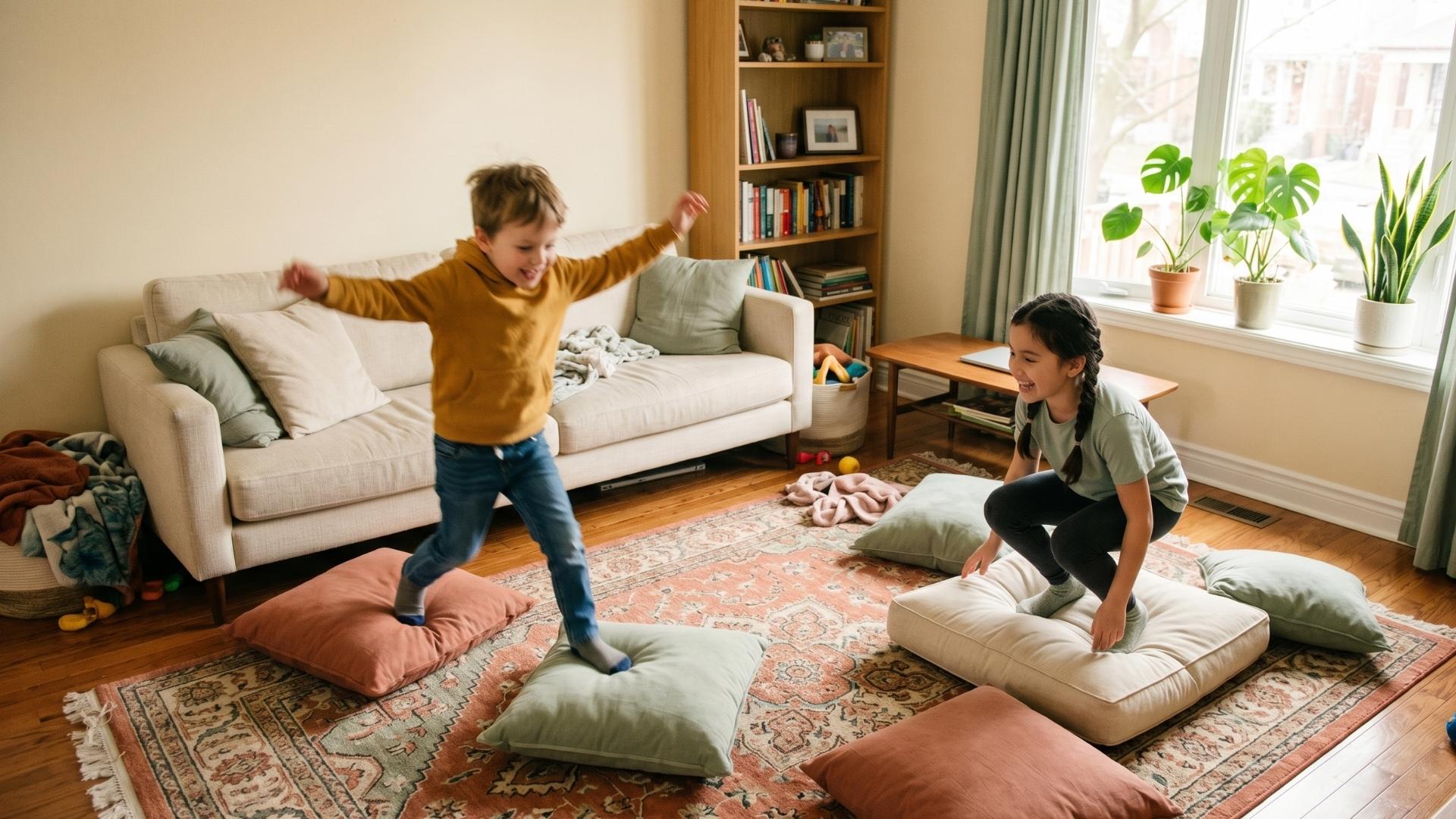 A living room mid-floor-is-lava with couch cushions scattered as islands across a rug and a kid about age 6 mid-jump in motion blur on an afternoon at home